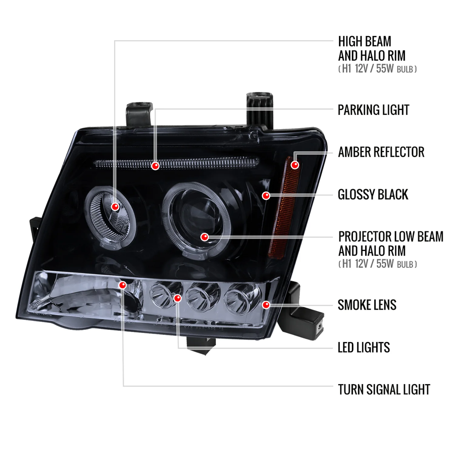 2005-2015 Nissan Xterra Dual Halo Projector Headlights Glossy Black/Smoke Lens - Image 8