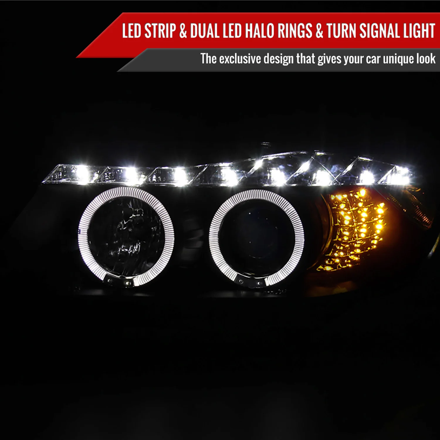 2006-2008 BMW E90 3 Series Dual Halo Headlights LED Light& Signal Matte Black - Image 2