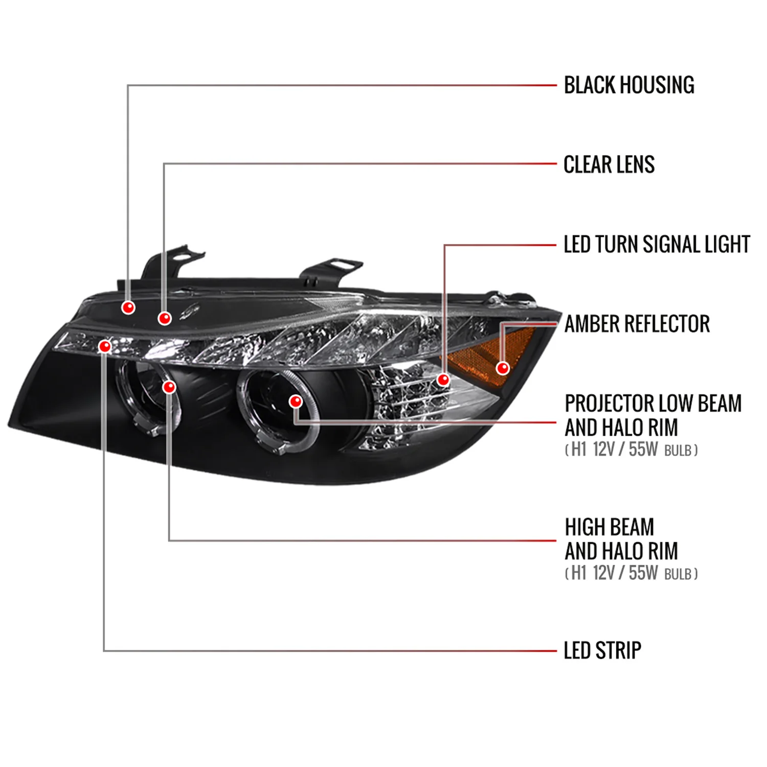 2006-2008 BMW E90 3 Series Dual Halo Headlights LED Light& Signal Matte Black - Image 8
