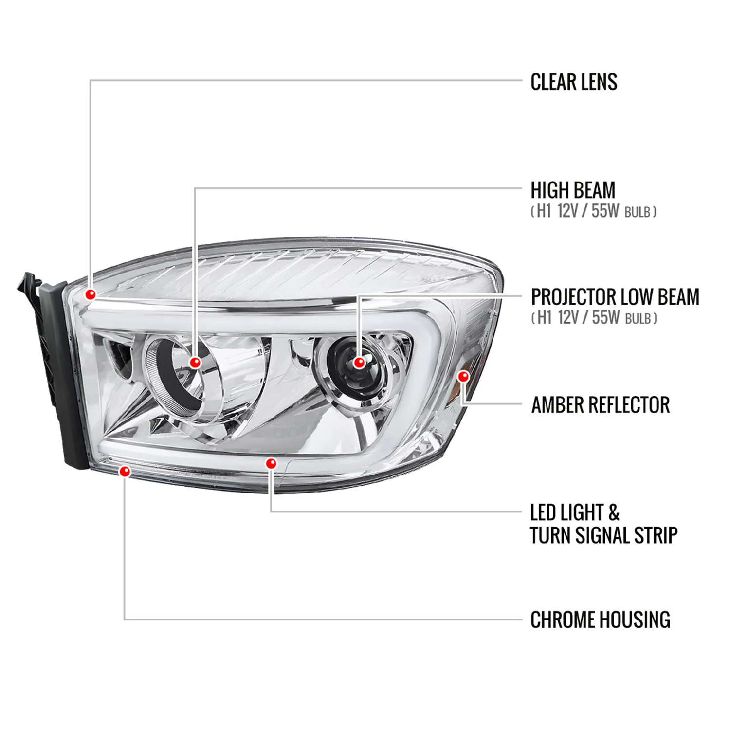 2006-2008 Dodge RAM 1500/ 06-2009 2500 3500 LED CBar Projector Headlights Chrome - Image 8