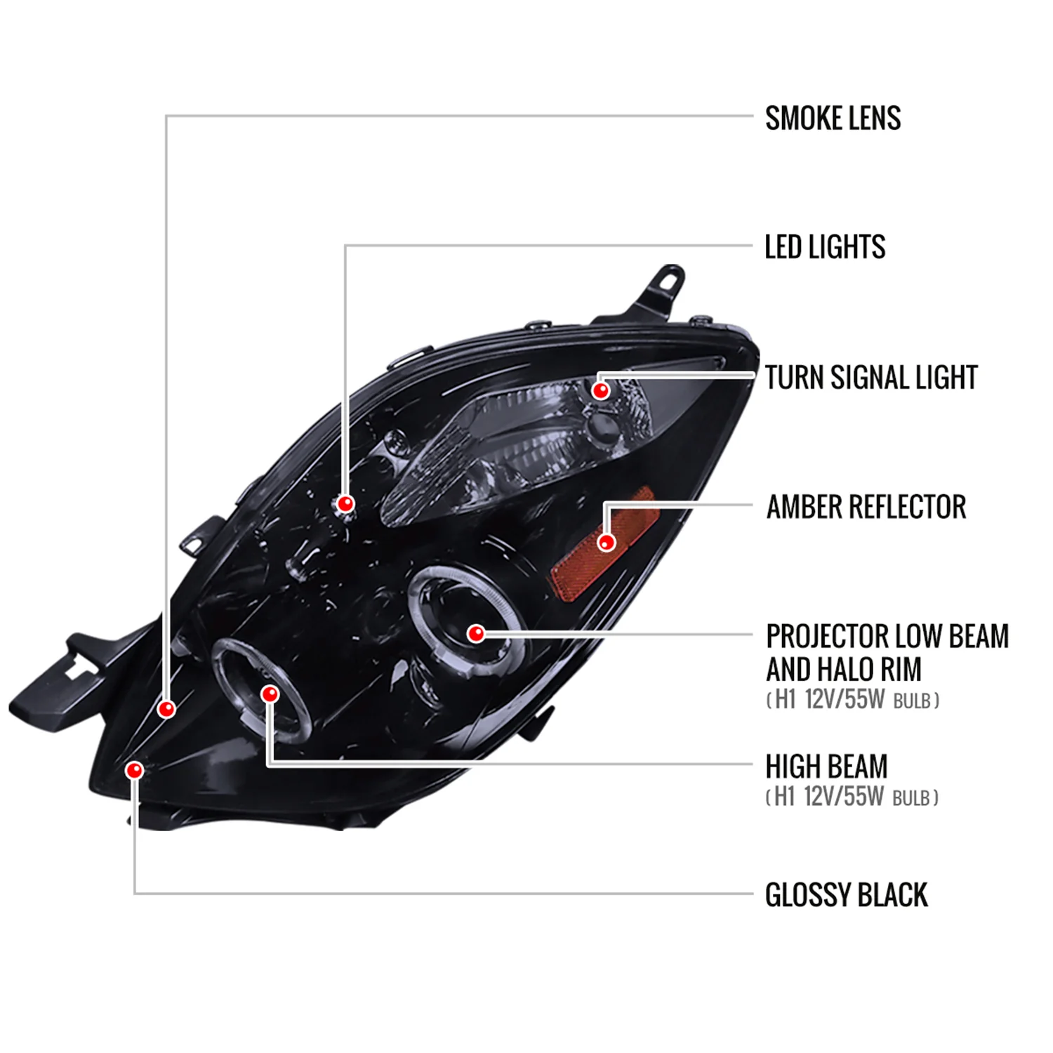 2006-2008 Toyota Yaris Dual Halo Projector Headlights Glossy Black/Smoke Lens - Image 8