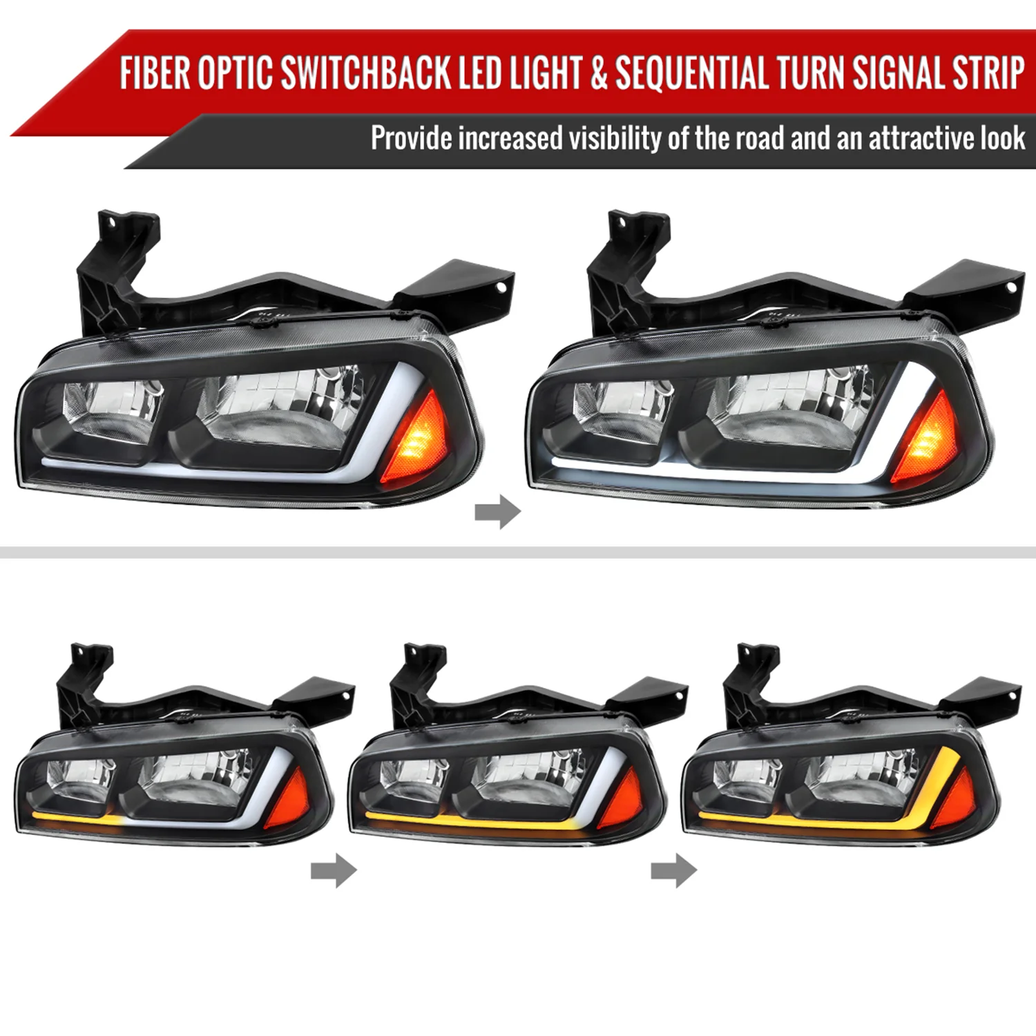 2006-2010 Dodge Charger Sequential LED Bar Factory Headlights Matt Black - Image 2