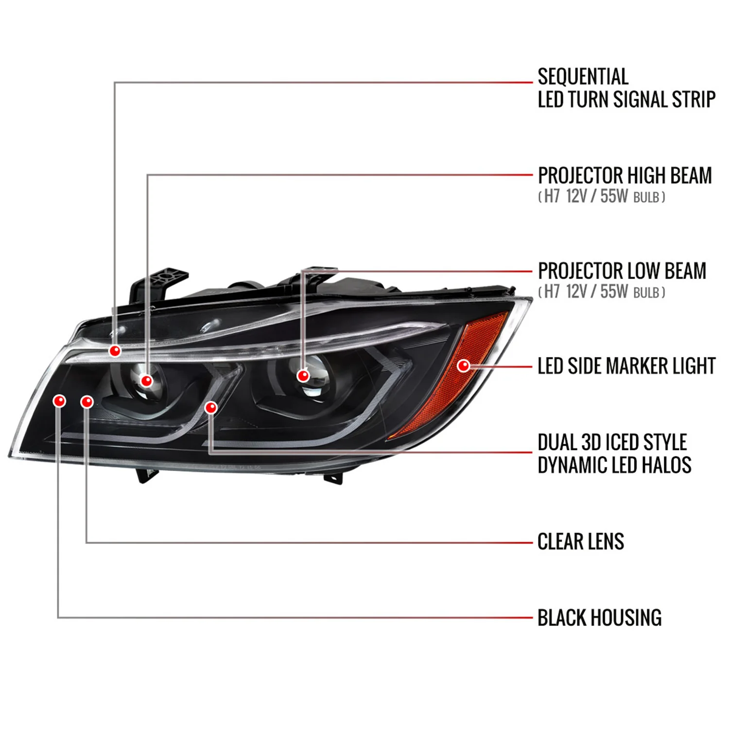 2006-2011 BMW E90 3 Series Sedan 3D Iced LED Dual Projector Headlights Black - Image 5