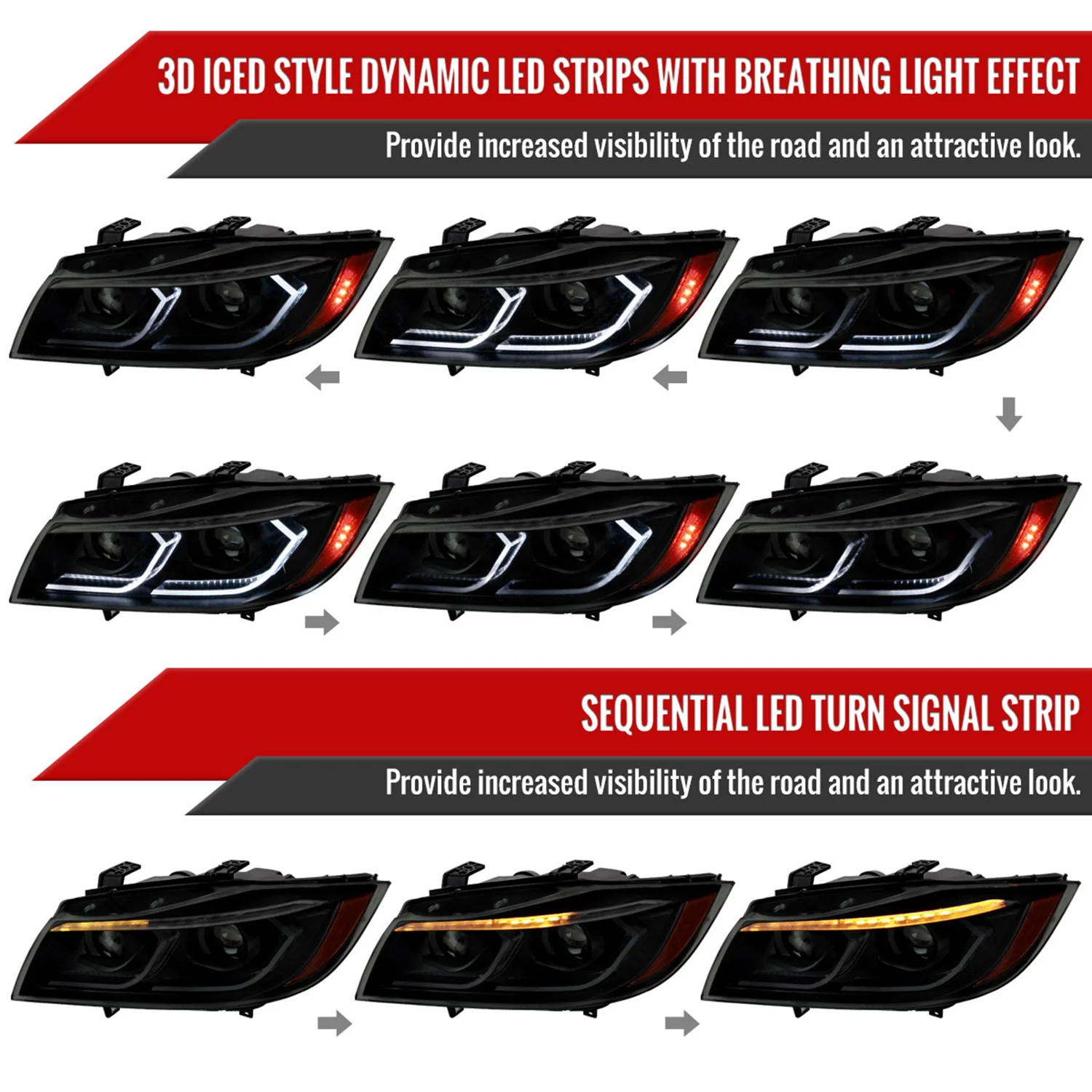 2006-2011 BMW E90 3 Series Sedan 3D Iced LED Dual Projector Headlights Smoke - Image 2