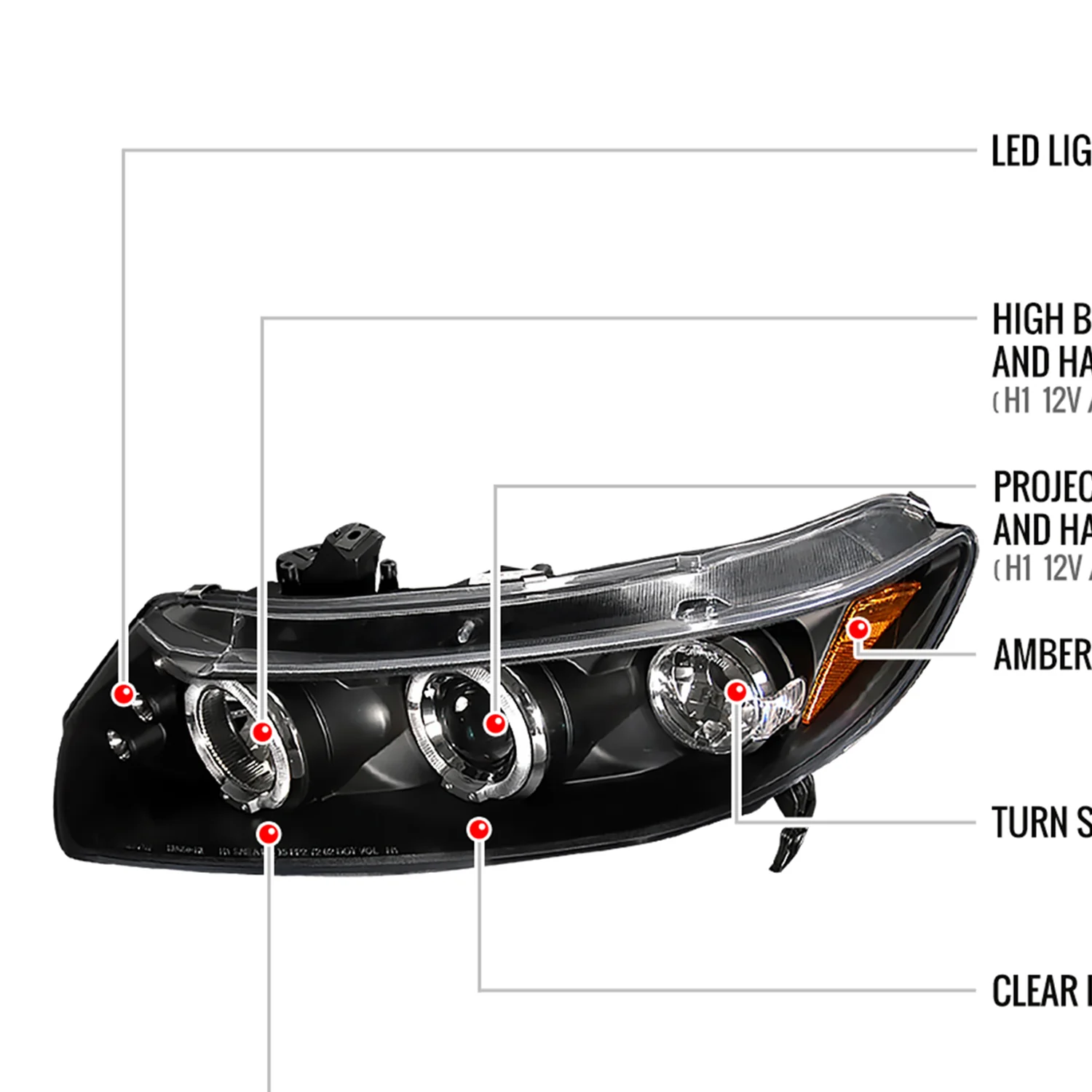 2006-2011 Honda Civic Coupe Dual Halo Projector Headlights Matte Black/Clear - Image 8