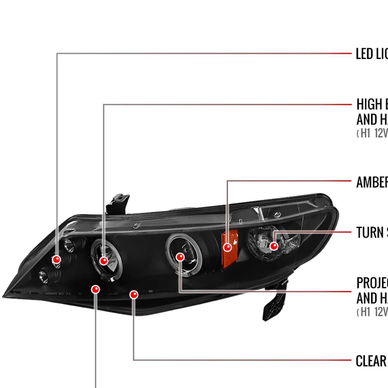 2006-2011 Honda Civic Sedan Dual Halo Projector Headlights Matte Black/Clear - Image 8