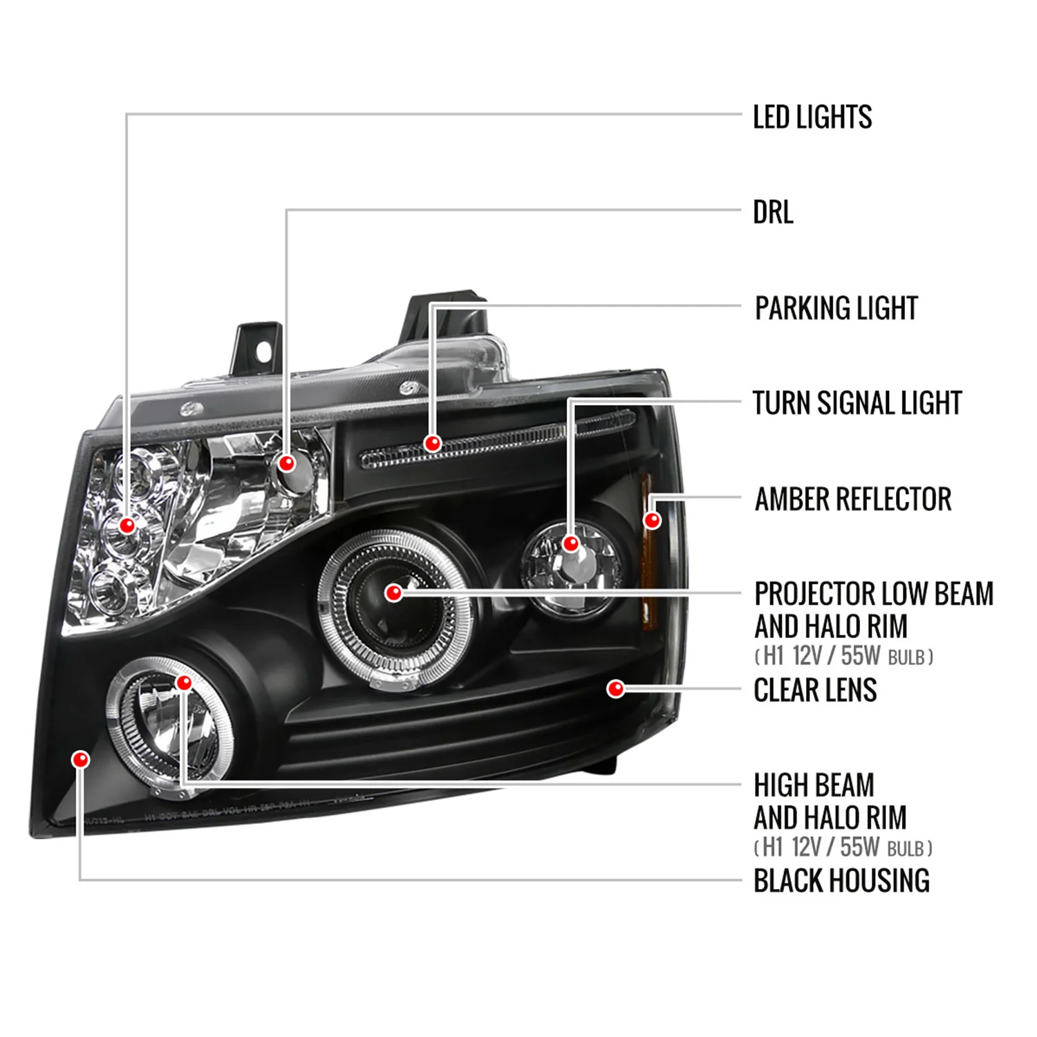 2007-2013 Chevy Avalanche/ 07-2014 Tahoe Suburban Dual Halo Headlights Black - Image 8