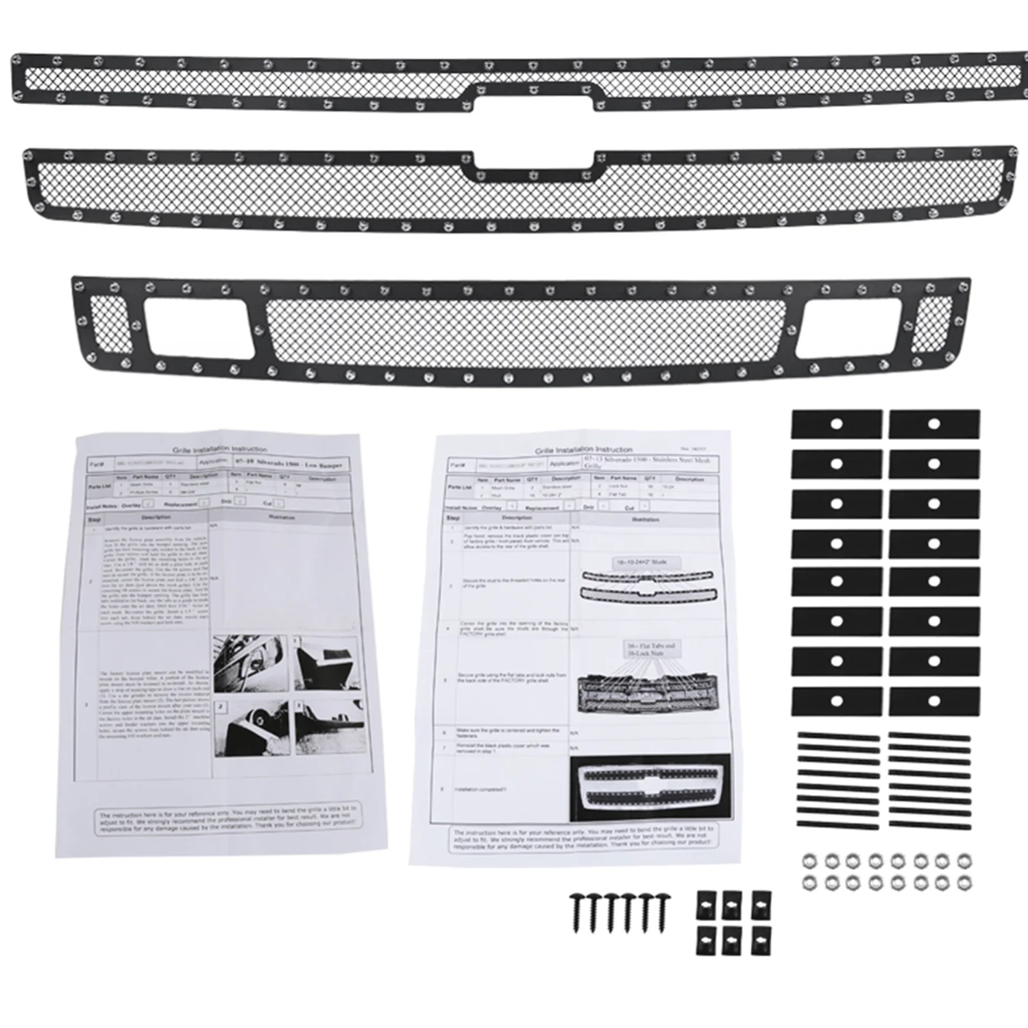 2007-2013 Chevy Silverado 1500/1500HD Rivet Black Steel 3PC Mesh Grille insert - Image 9