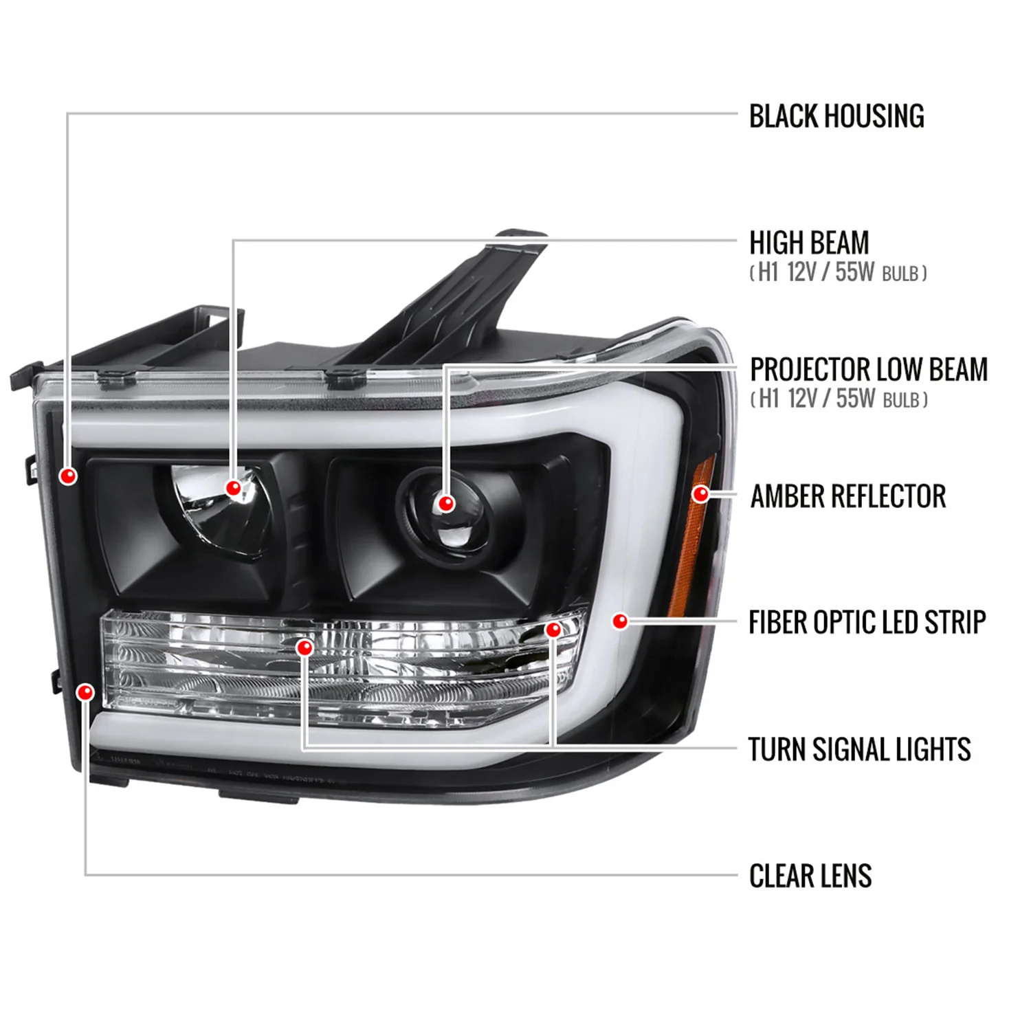 2007-2013 GMC Sierra 1500 1500HD 2500HD 3500HD LED C-Bar Headlights Black - Image 8