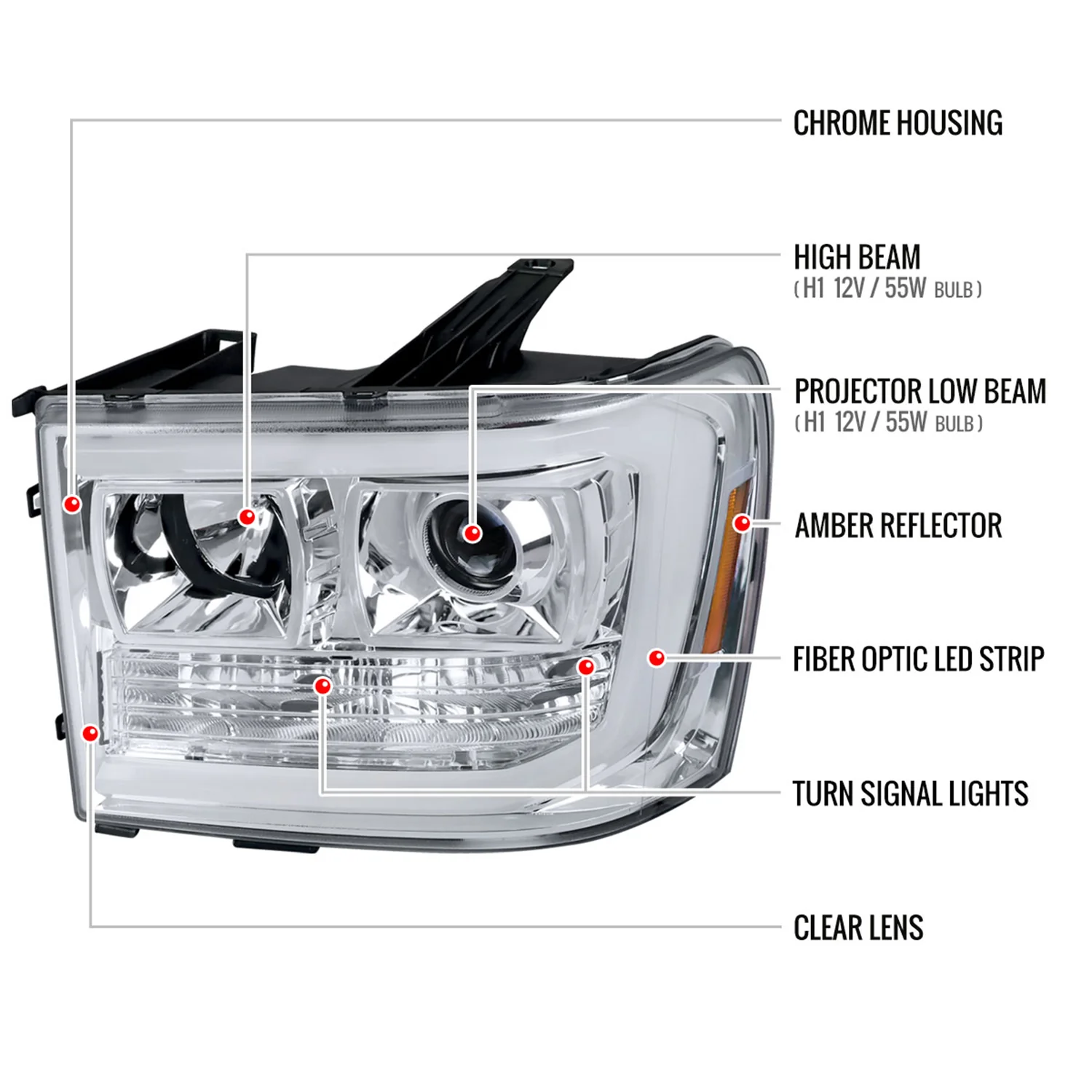 2007-2013 GMC Sierra 1500 1500HD 2500HD 3500HD LED C-Bar Headlights Chrome - Image 8