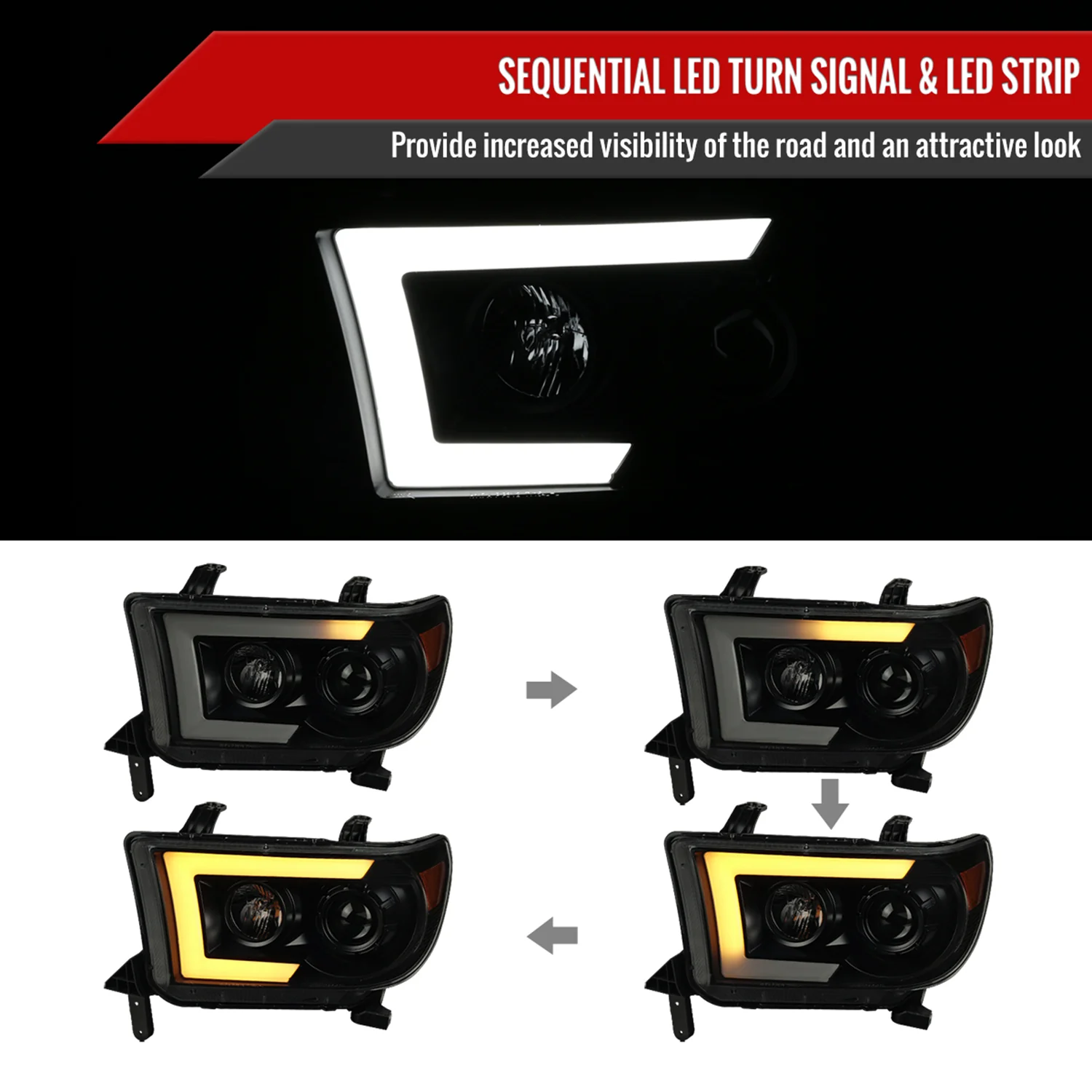 2007-2013 Toyota Tundra/ 08-2017 Sequoia LED CBar Projector Headlights Black - Image 2