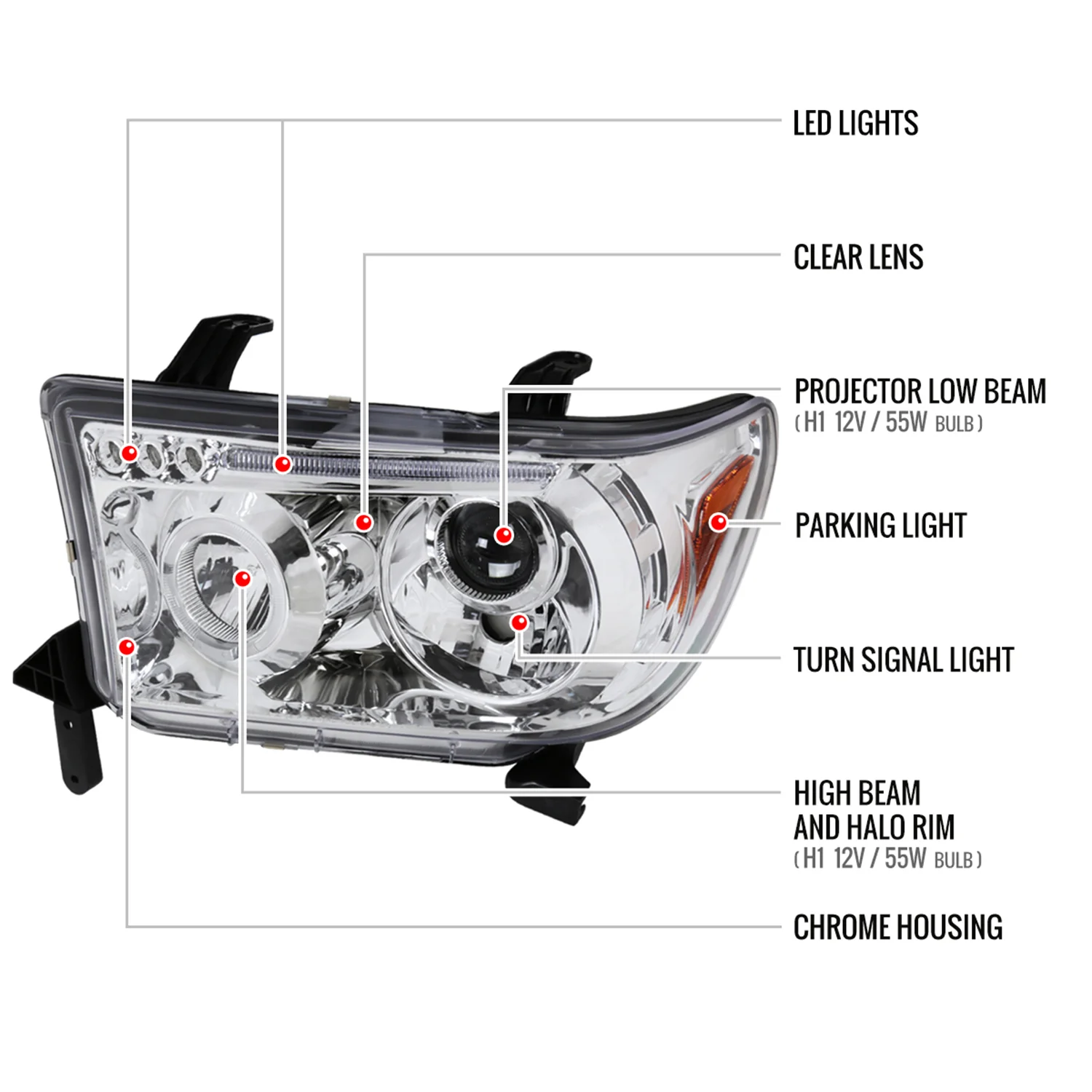 2007-2013 Toyota Tundra/ 08-2017 Sequoia Single Halo Projector Headlights Chrome - Image 8