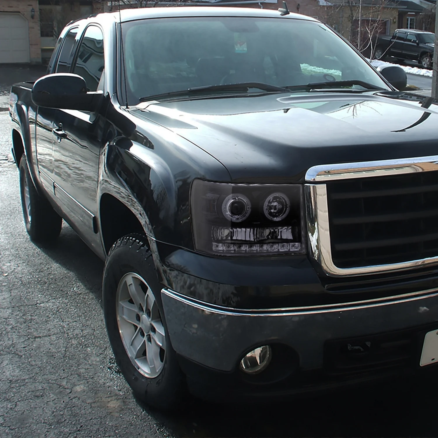 2007-2014 GMC Sierra SMD Dual Halo Projector Headlights Glossy Black/Smoke - Image 10