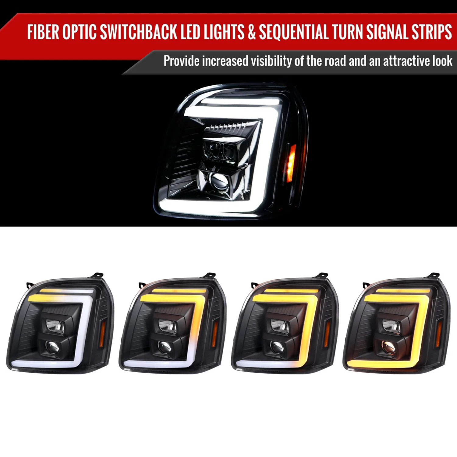 2007-2014 GMC Yukon/XL 1500/XL 2500 LED Turn Signal Projector Headlights Black - Image 2