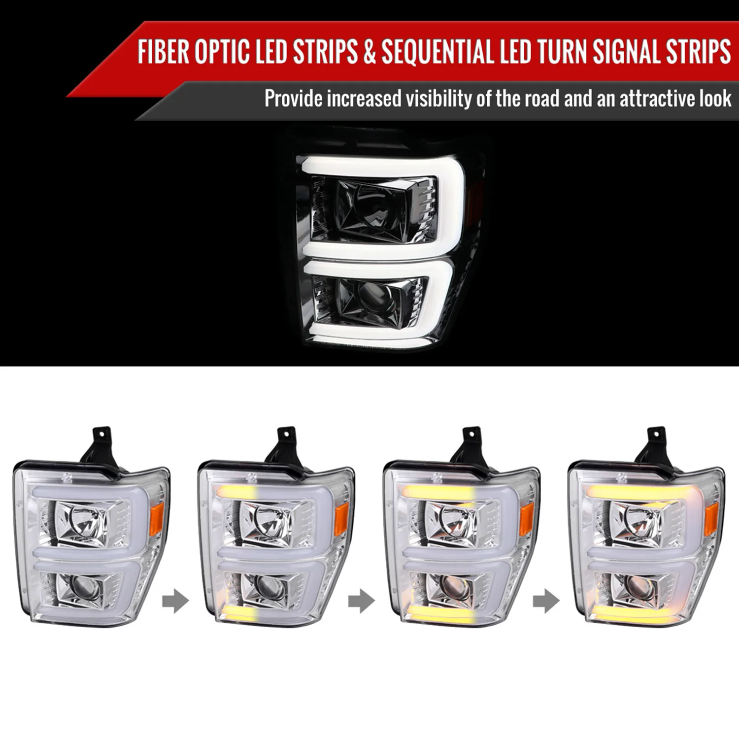 2008-2010 Ford F-250/350/450/550 LED Signal Bar Projector Headlights Chrome - Image 2