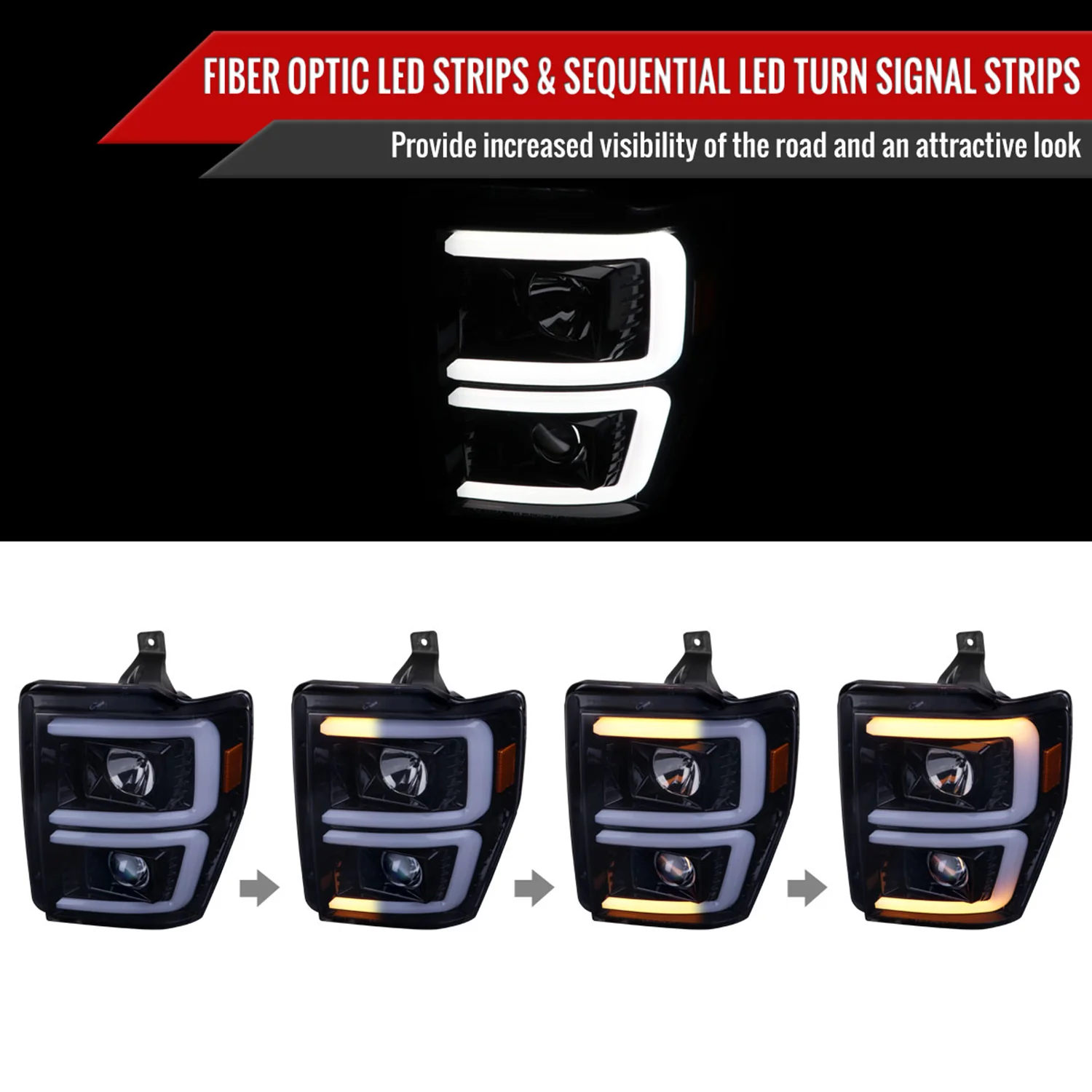 2008-2010 Ford F-250/350/450/550 LED Signal Bar Projector Headlights Smoke - Image 2