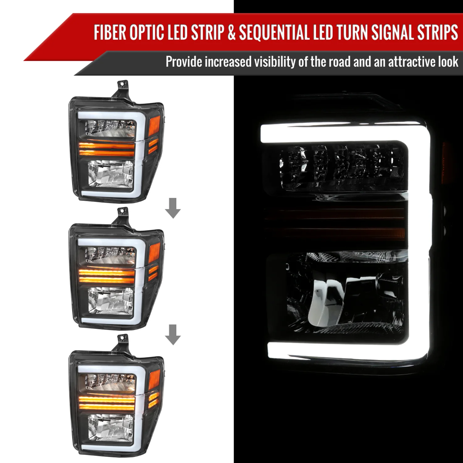 2008-2010 Ford F-250/350/450/550 SuperDuty Factory LED Signal Headlights Black - Image 2