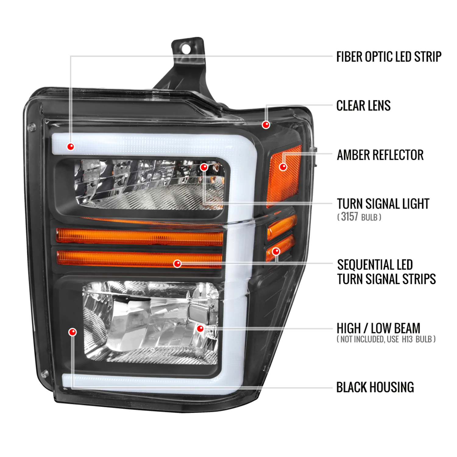 2008-2010 Ford F-250/350/450/550 SuperDuty Factory LED Signal Headlights Black - Image 7