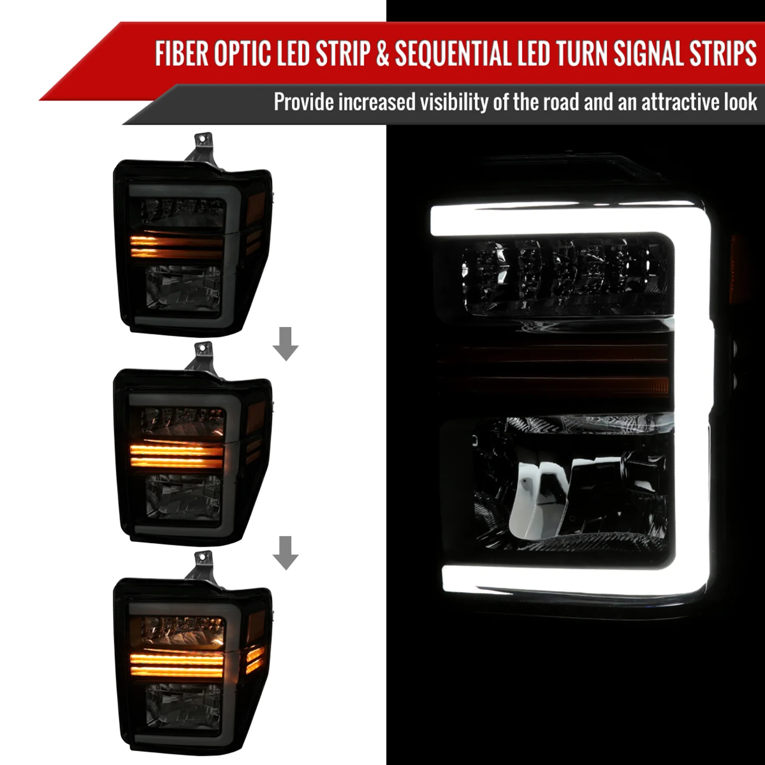 2008-2010 Ford F-250/350/450/550 SuperDuty LED Signal Factory Headlights Black - Image 2