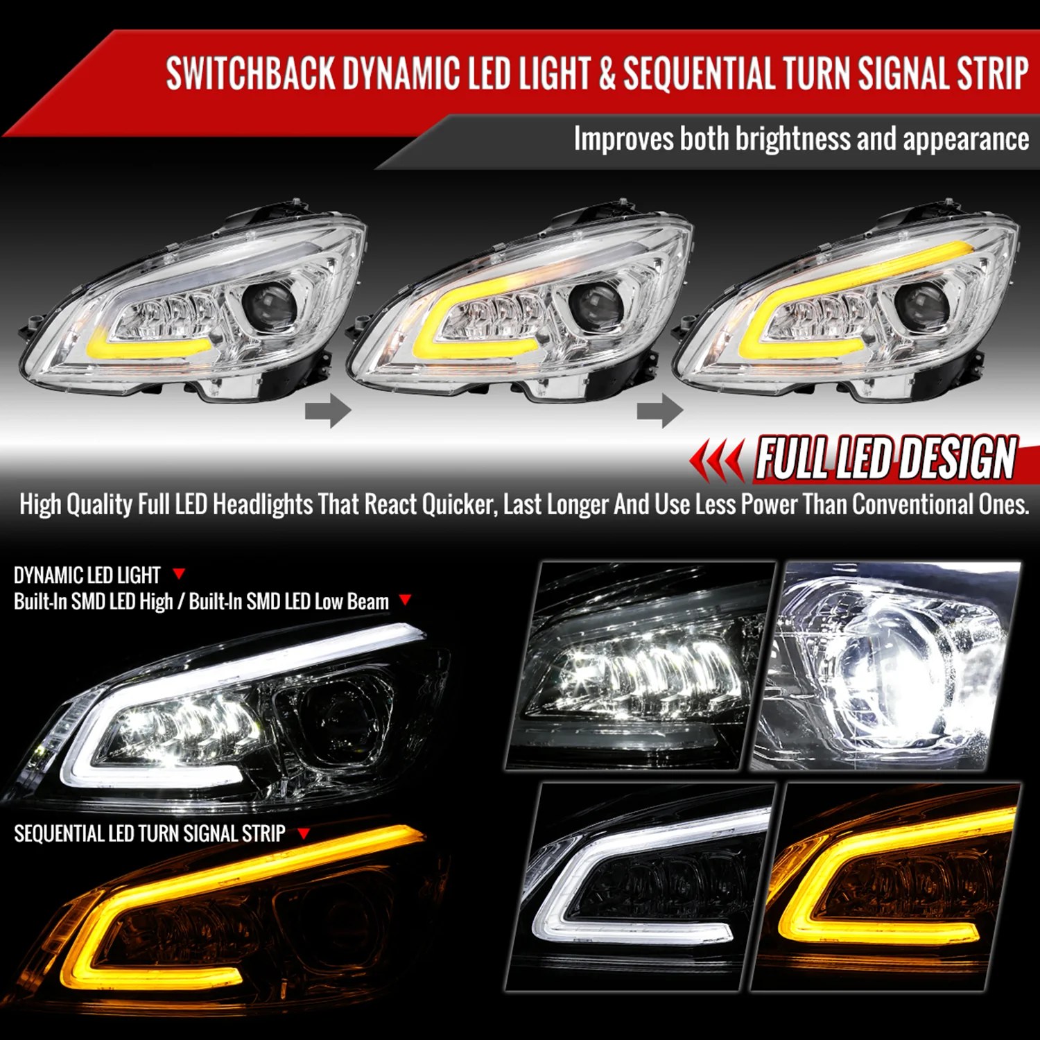 2008-2011 Mercedes Benz W204 C-Class Full LED Projector Headlights Chrome - Image 2