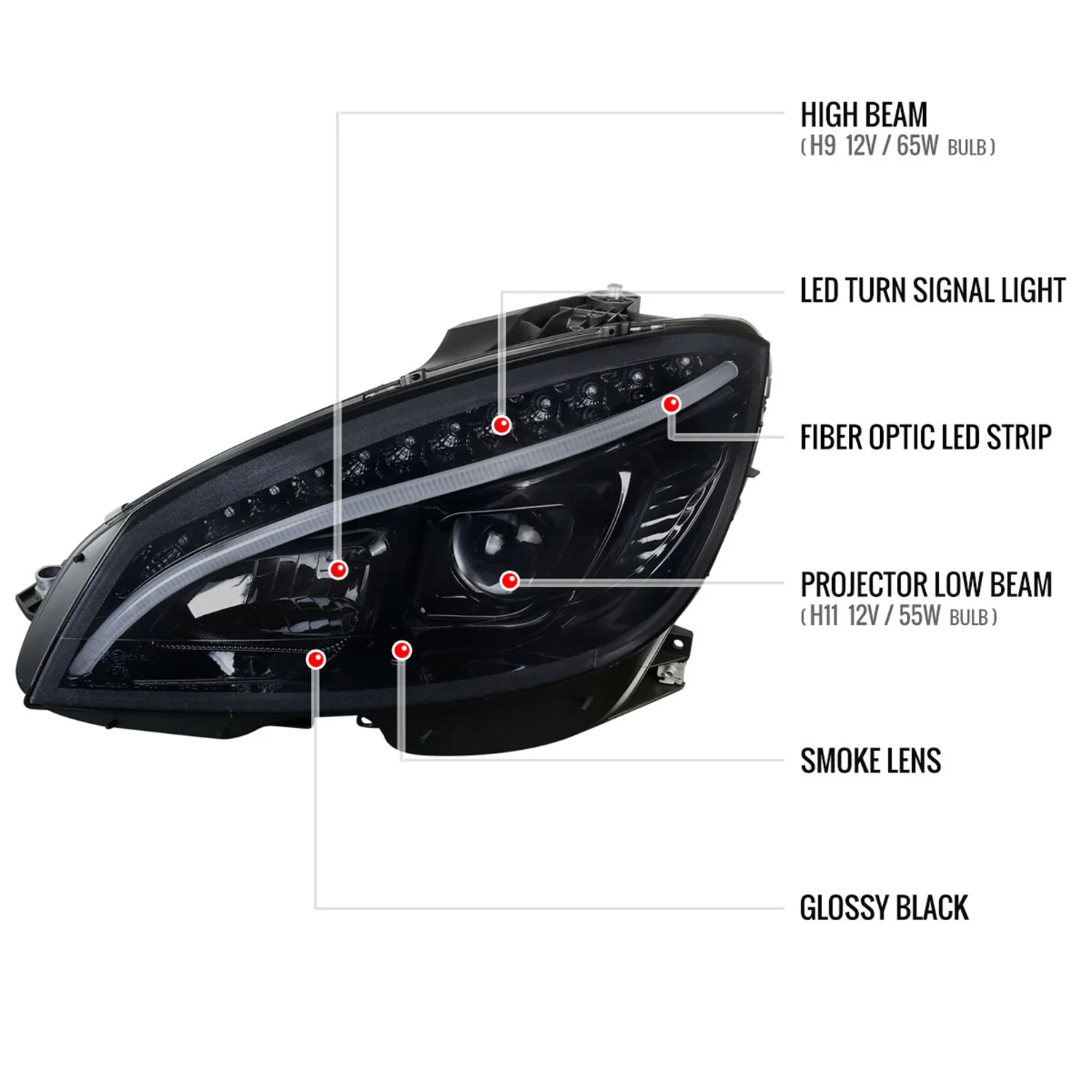 2008-2011 Mercedes W204 C Class Headlights LED Light Bar&LED Signal Smoked - Image 8