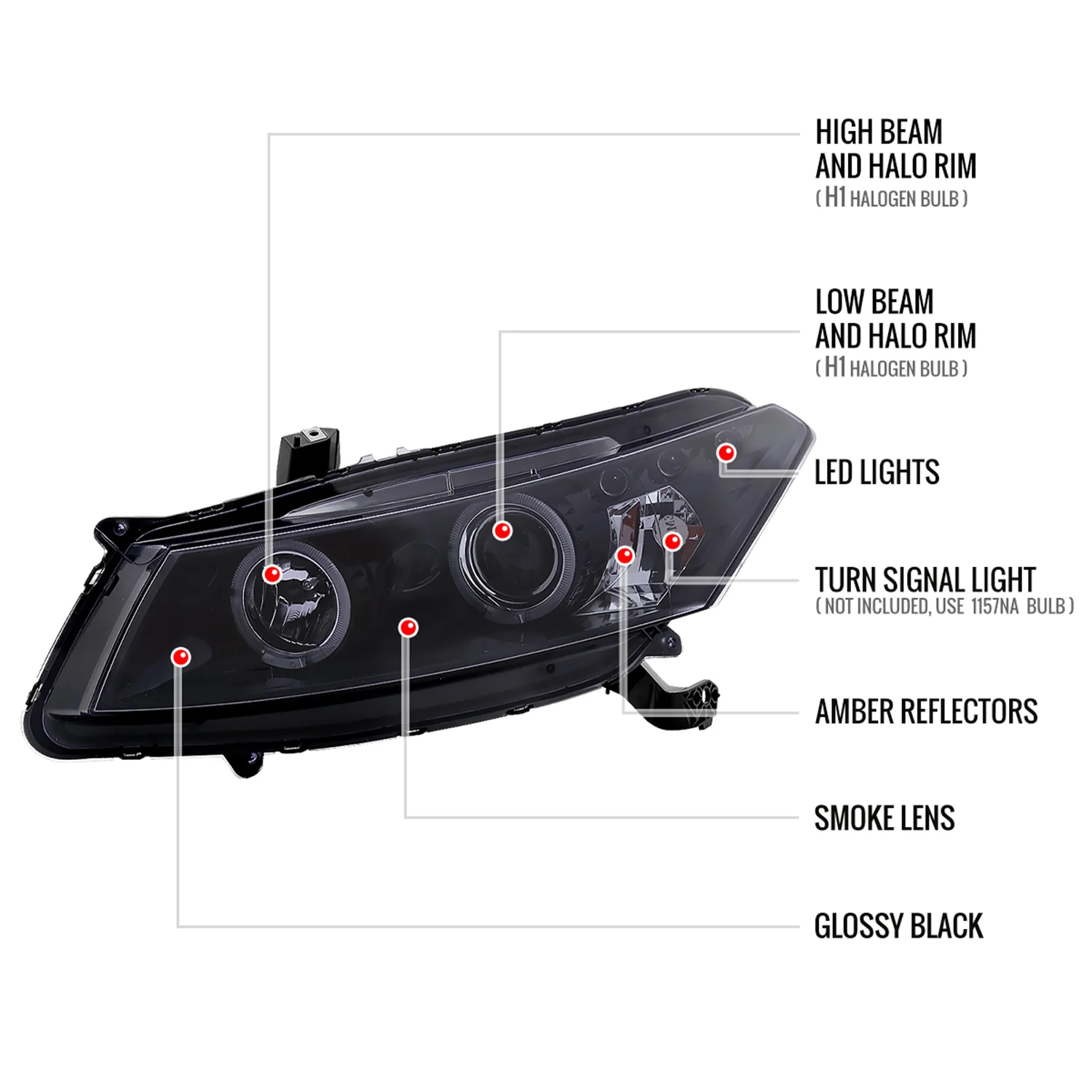 2008-2012 Honda Accord Coupe Dual Halo Projector Headlights Glossy Black/Smoke - Image 8