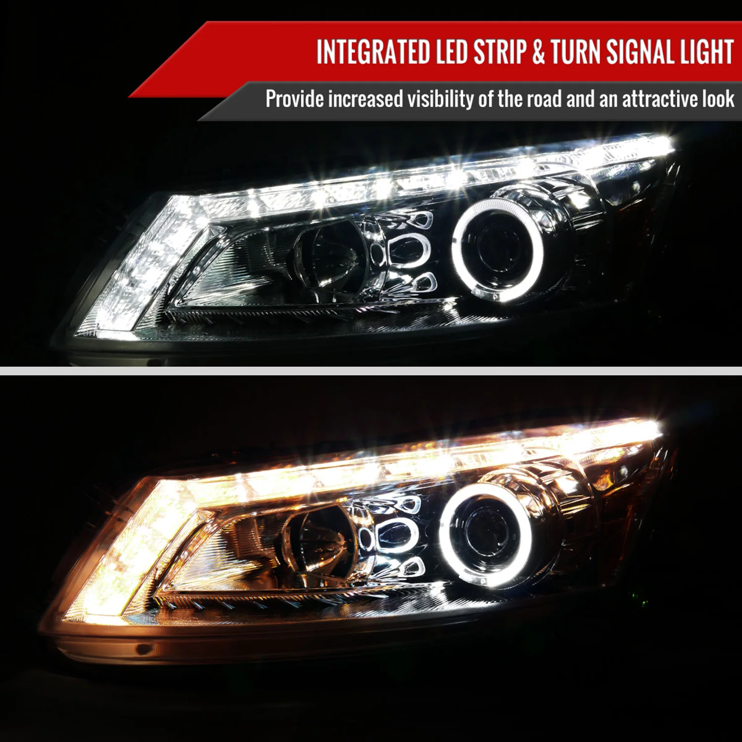 2008-2012 Honda Accord Sedan Single Halo Headlights LED Light& Signal Chrome - Image 2