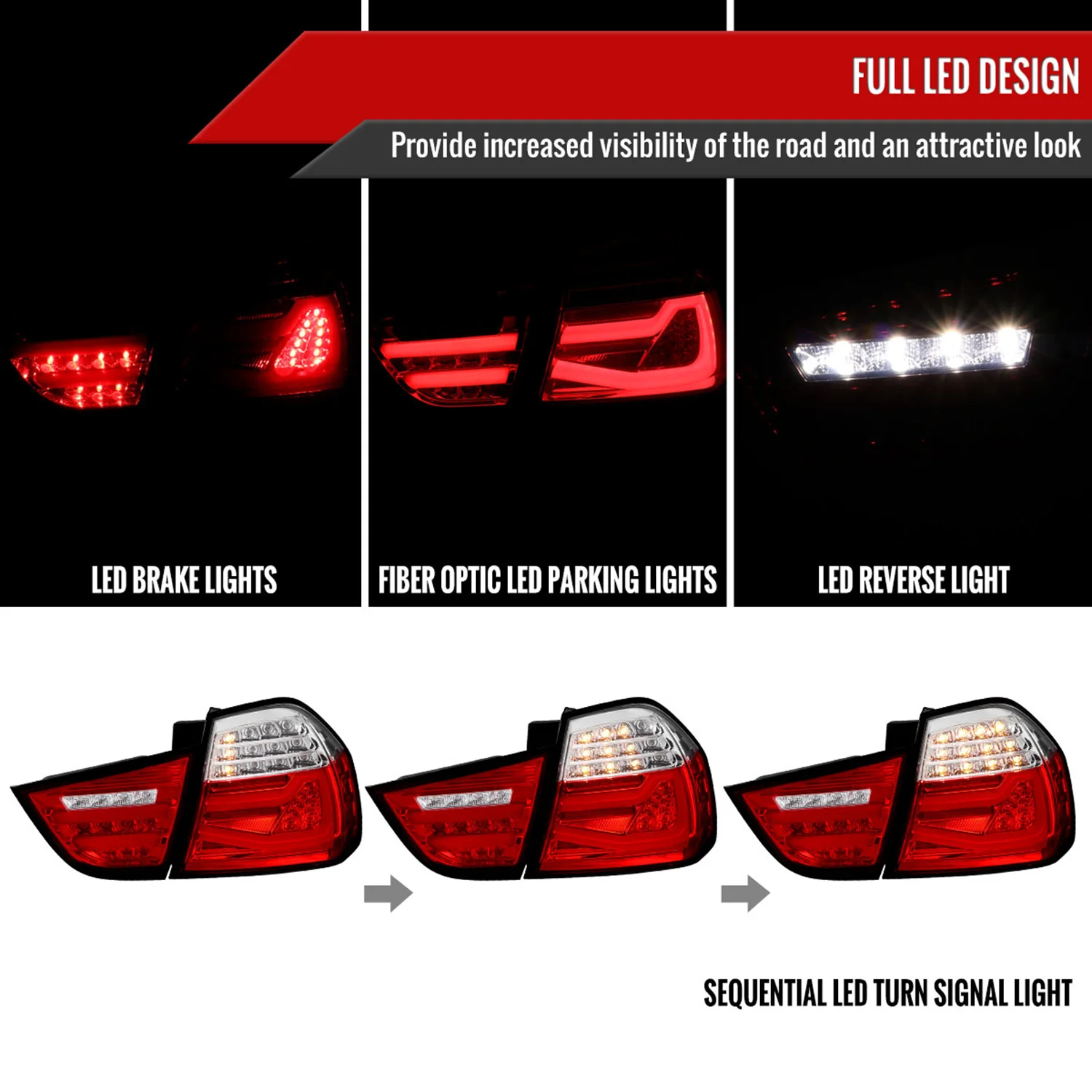2009-2011 BMW E90 3-Series 4Dr Sedan Red LED Tail Light Chrome/Red Clear Lens - Image 2
