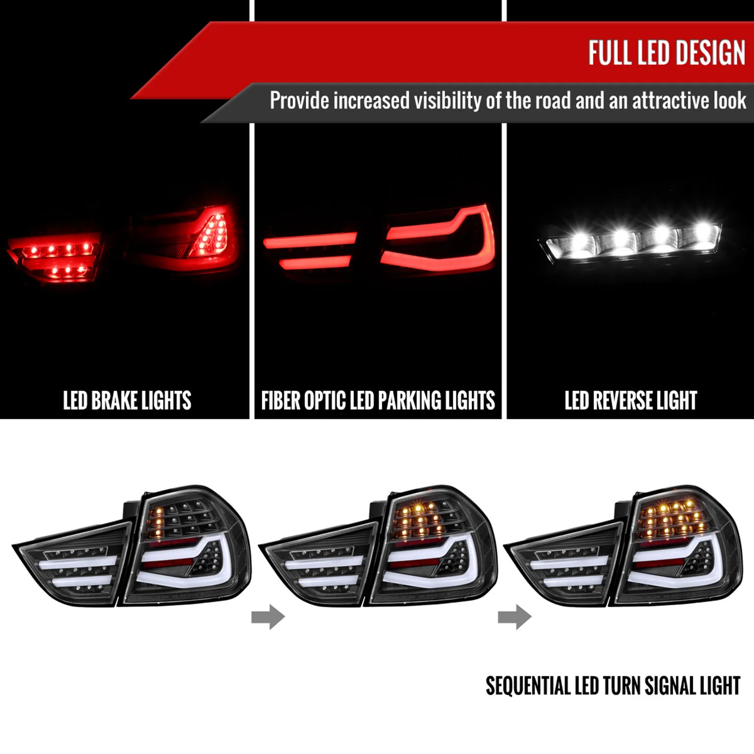 2009-2011 BMW E90 3-Series 4Dr Sedan Red LED Tail Light Matte Black/Clear Lens - Image 2