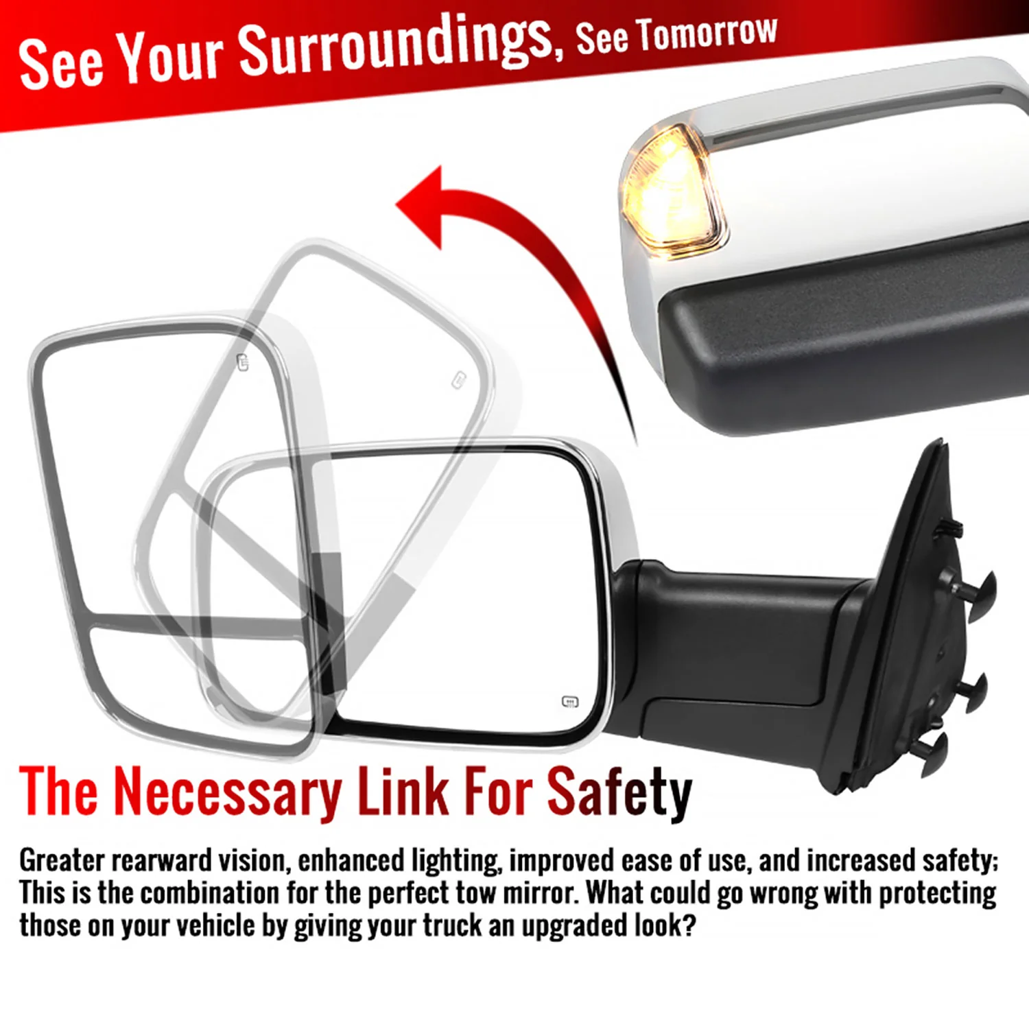 2009-2012 Dodge RAM 1500 Foldable Heated & Manual Chrome Towing Mirrors Clear - Image 3
