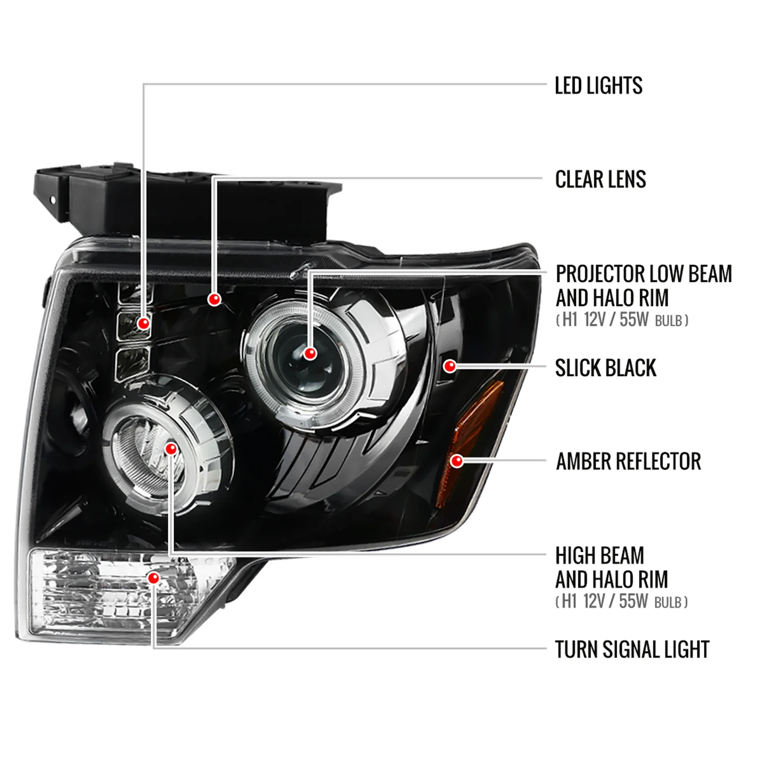 2009-2014 Ford F-150 Dual Halo Projector Headlights Jet Black/Clear Lens - Image 8
