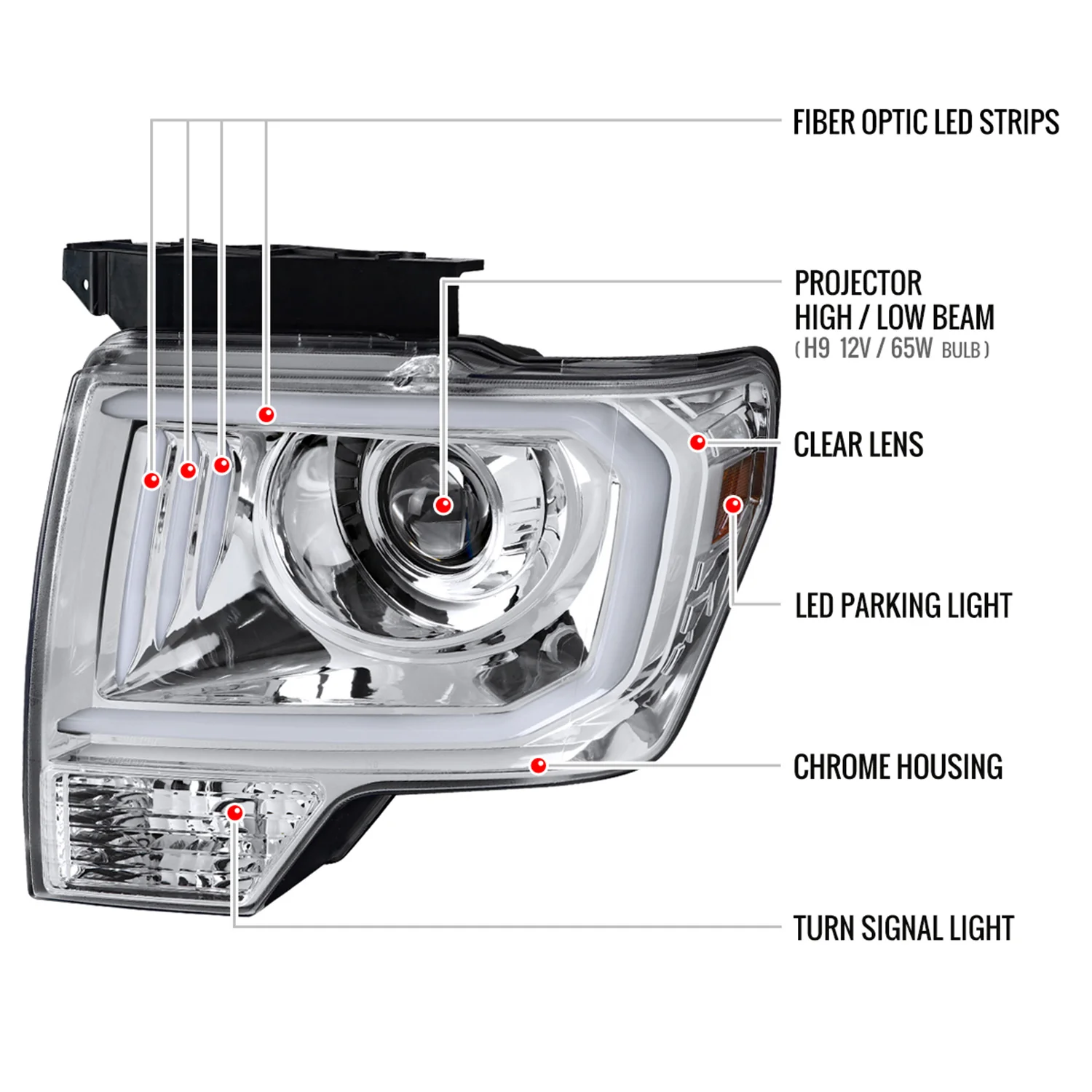2009-2014 Ford F-150 LED C-Bar Projector Headlights Chrome/Clear Lens - Image 8