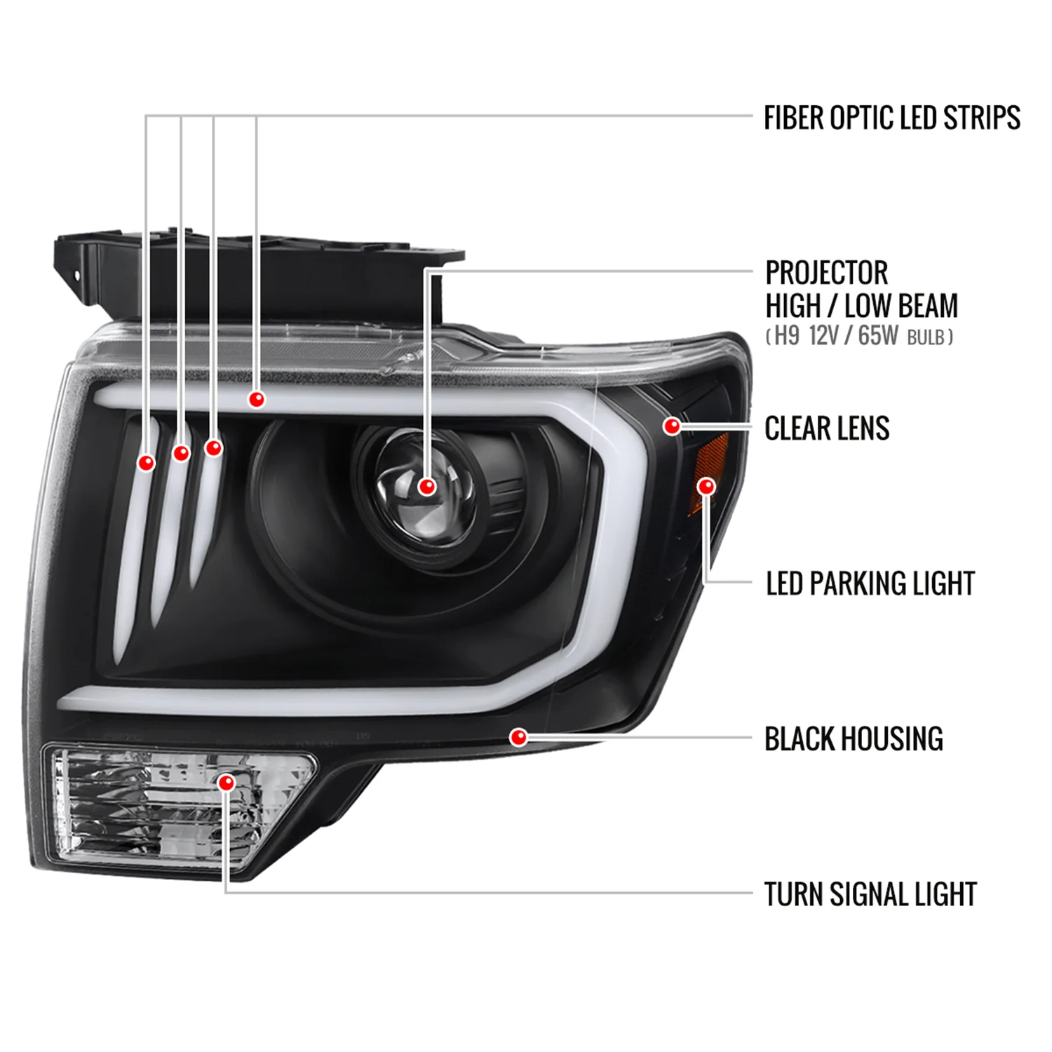 2009-2014 Ford F-150 LED C-Bar Projector Headlights Matte Black/Clear Lens - Image 8