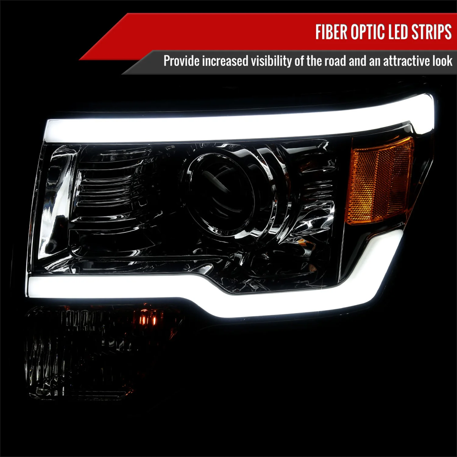 2009-2014 Ford F-150 LED Strip Projector Headlights Chrome/Smoke Lens - Image 2