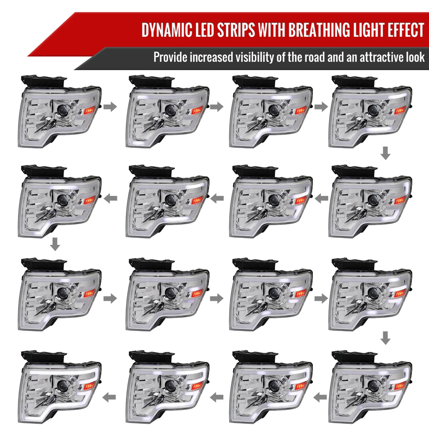 2009-2014 Ford F-150 Sequential LED Turn Signal Projector Headlights Chrome - Image 3