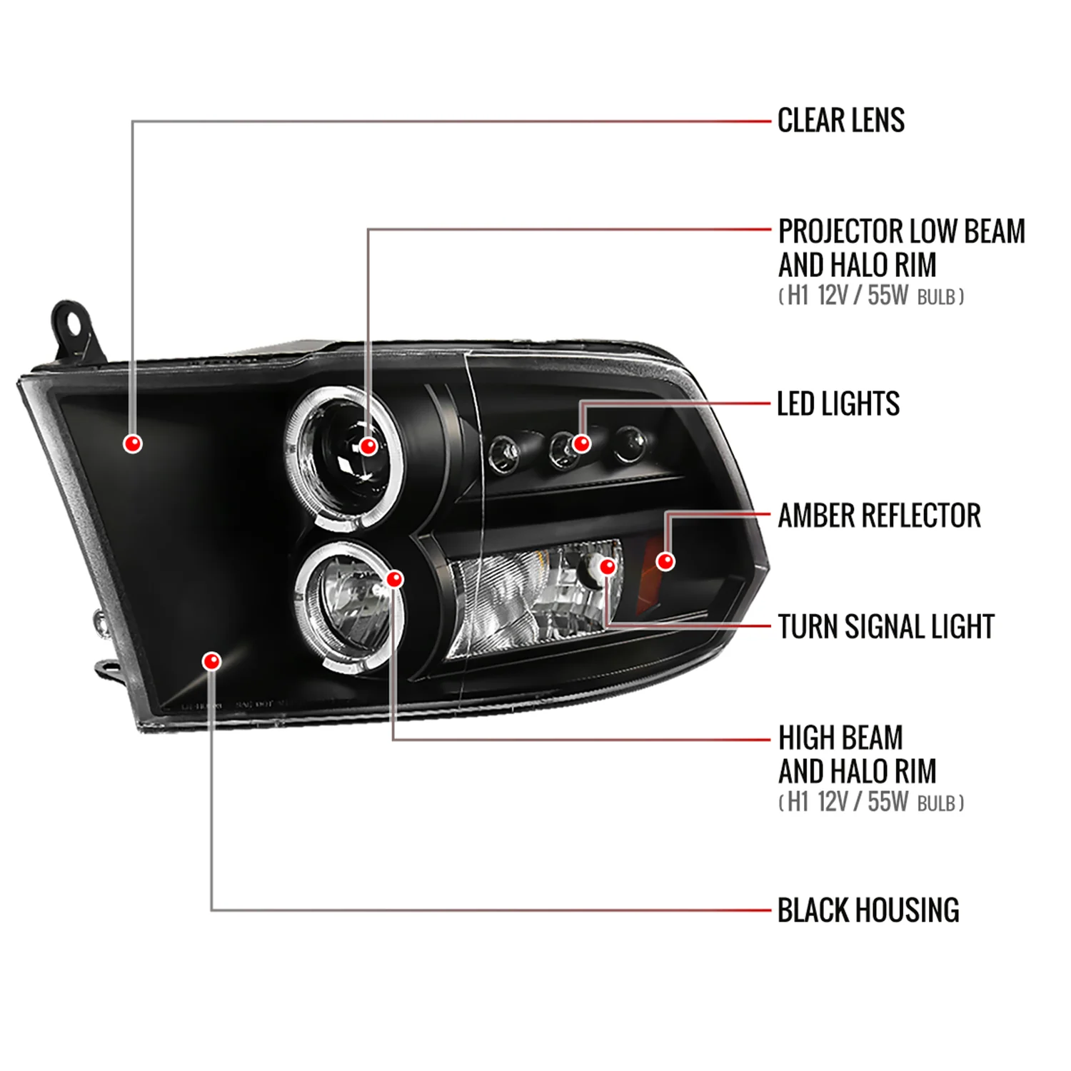 2009-2018 Dodge RAM 1500 / RAM 2500 3500 Dual Halo Headlights Matte Black - Image 8