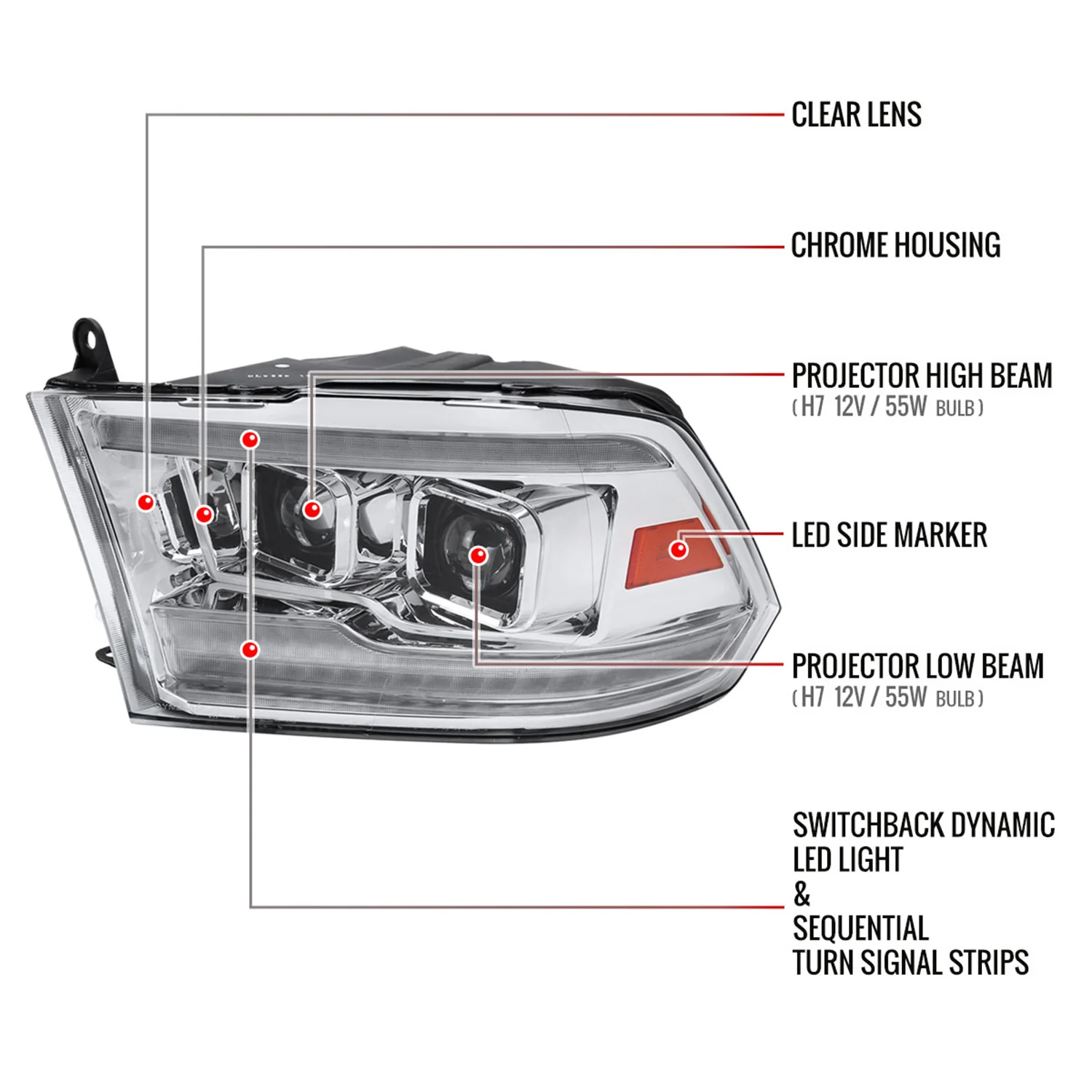 2009-2018 Dodge RAM 1500 / RAM 2500 3500 Switchback Headlights Chrome - Image 8