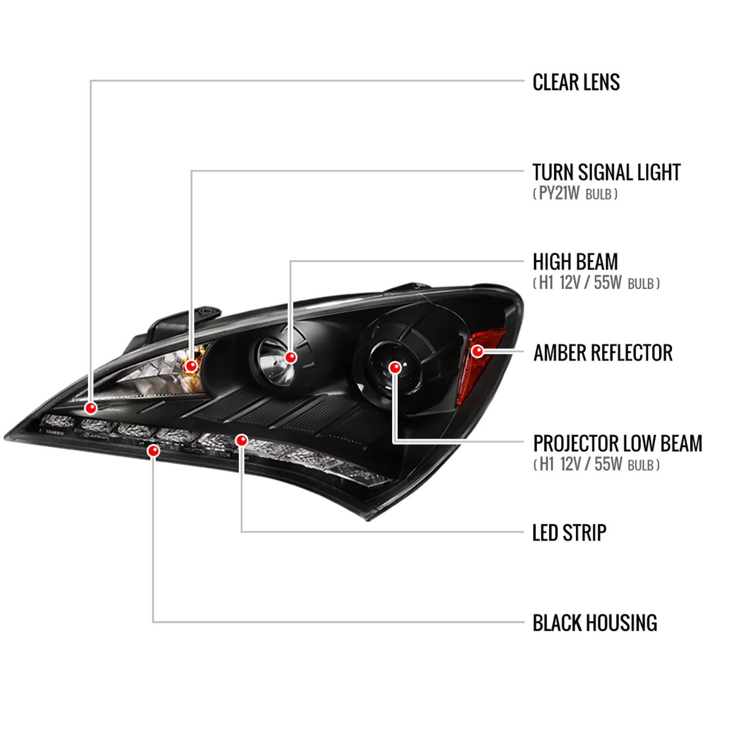 2010-2012 Hyundai Genesis Coupe Projector Headlights SMD LED Light Strip Black - Image 8