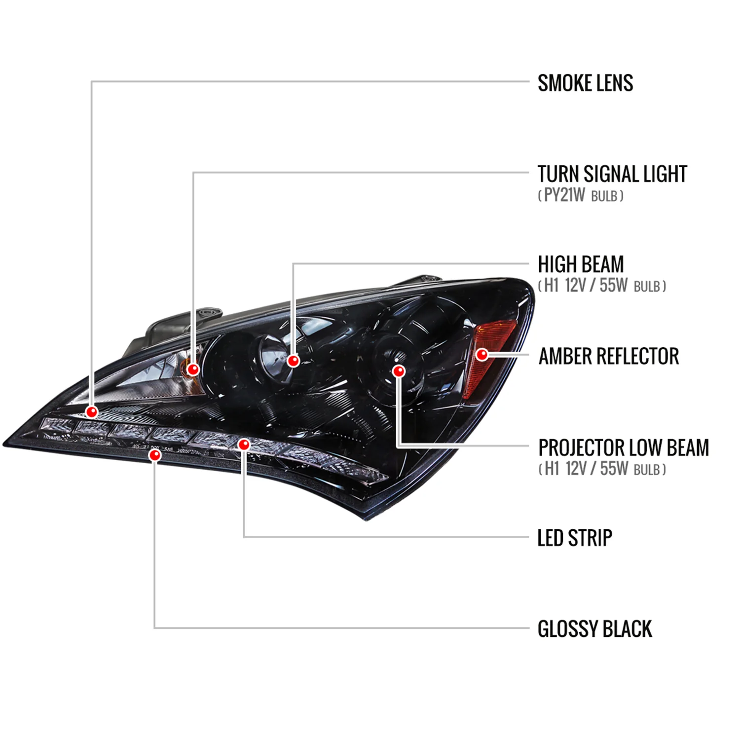 2010-2012 Hyundai Genesis Coupe R8 LED Projector Headlights Black/Smoke Lens - Image 8