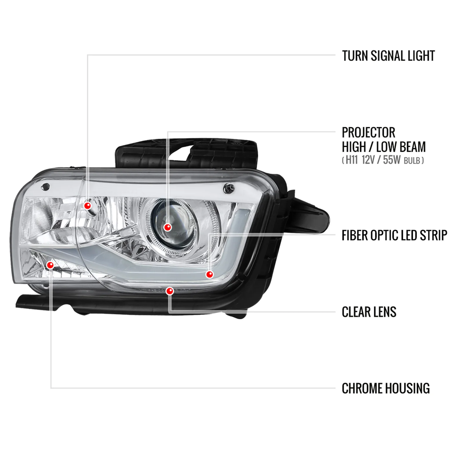 2010-2013 Chevy Camaro LED Bar Projector Headlights Chrome/Clear Lens - Image 8