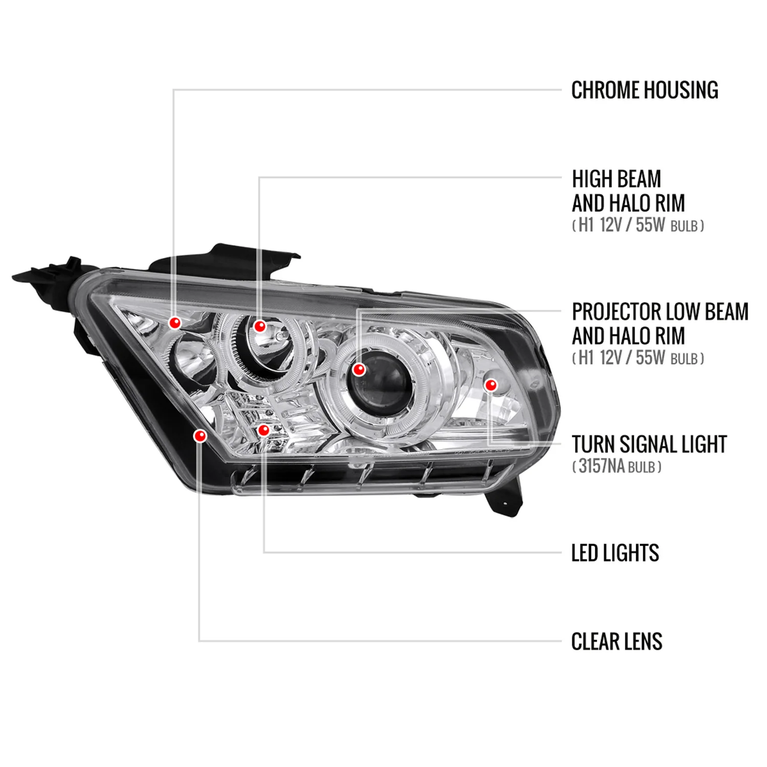 2010-2014 Ford Mustang Dual Halo Projector Headlights Chrome/Clear Lens - Image 8