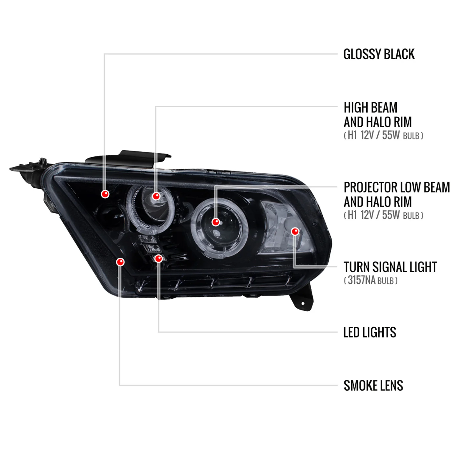 2010-2014 Ford Mustang Dual Halo Projector Headlights Glossy Black/Smoke Lens - Image 8
