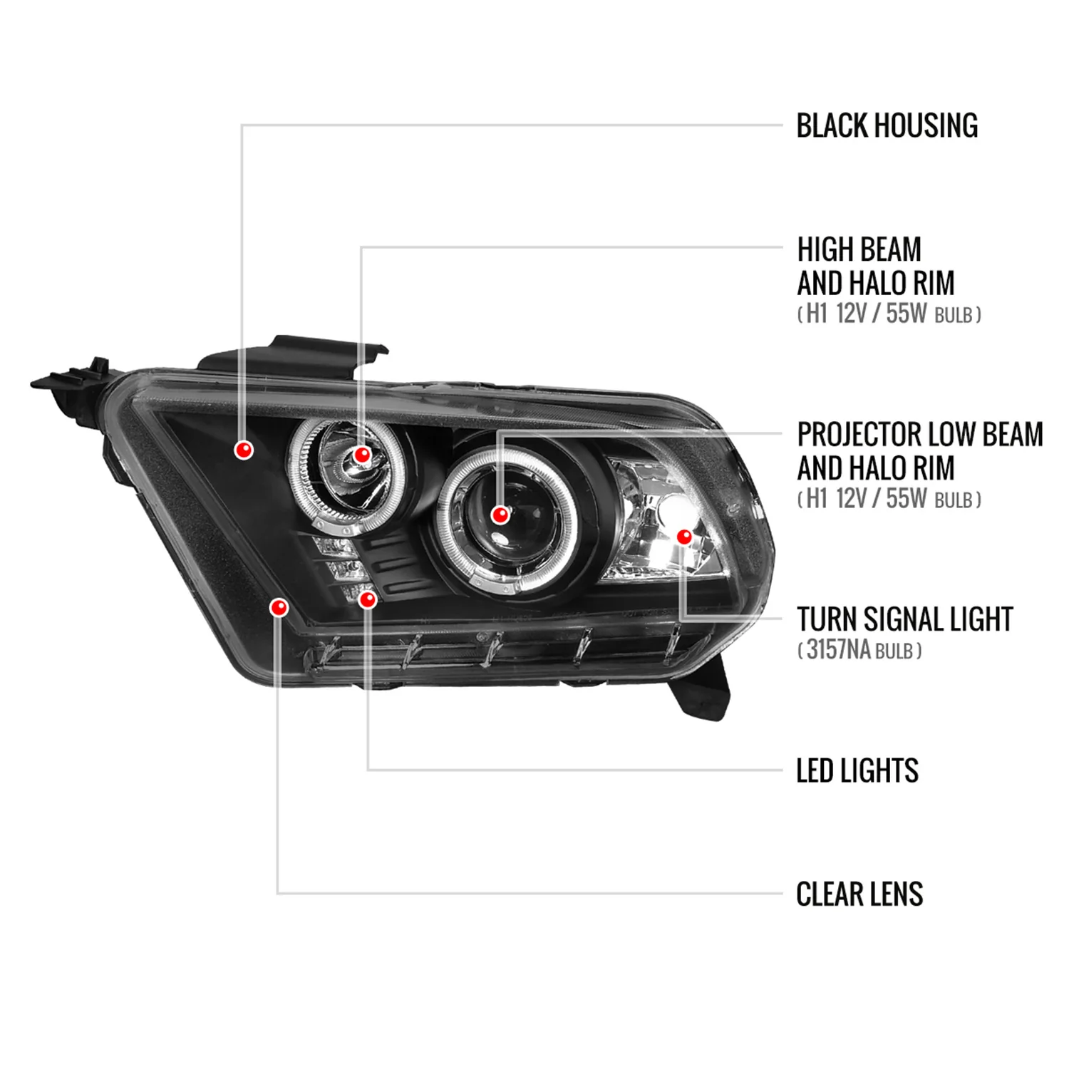 2010-2014 Ford Mustang Dual Halo Projector Headlights Matte Black/Clear Lens - Image 8