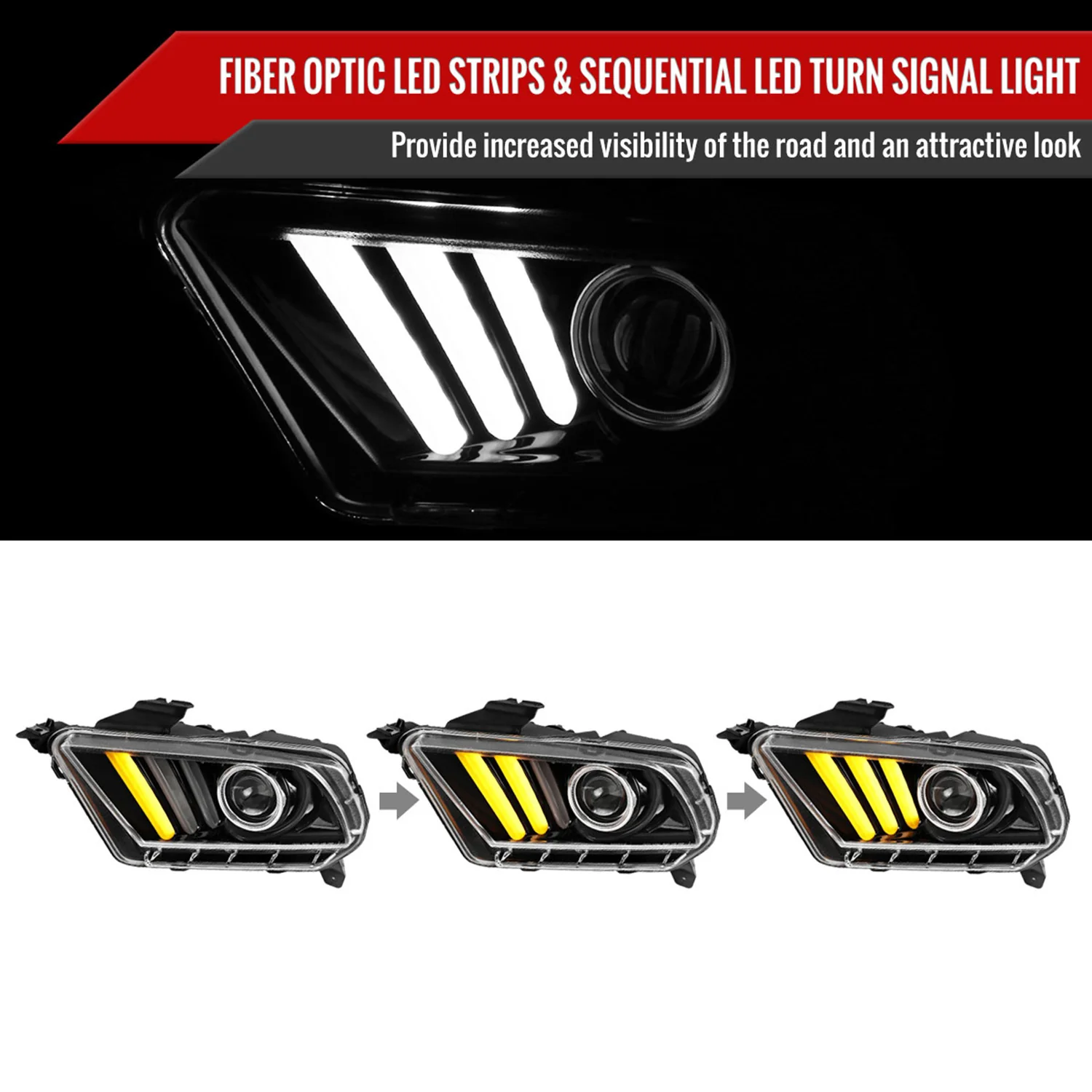 2010-2014 Ford Mustang LED Bar Projector Headlights Turn Signals Jet Black - Image 2