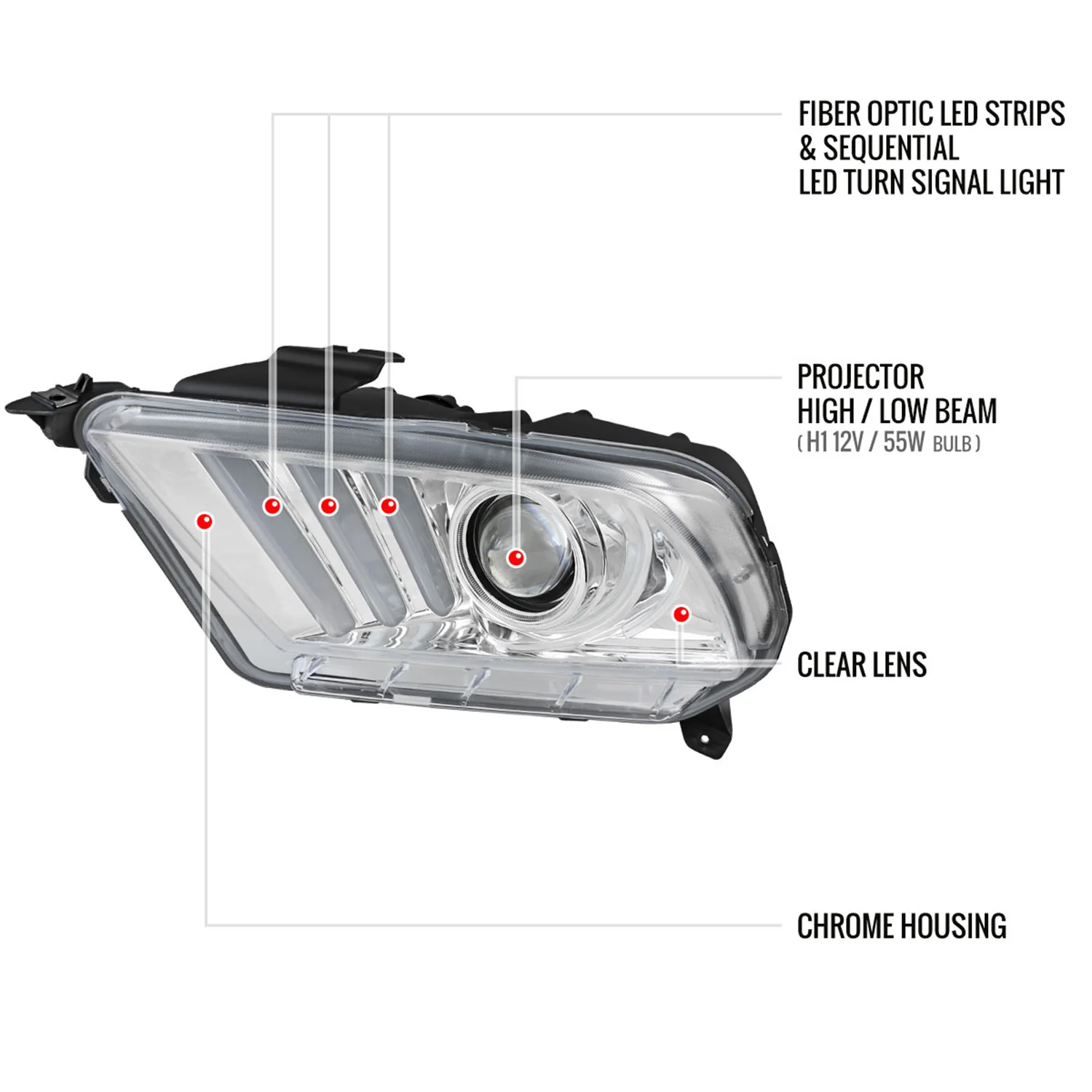 2010-2014 Ford Mustang Sequential LED Bar Projector Headlights Chrome/Clear - Image 8