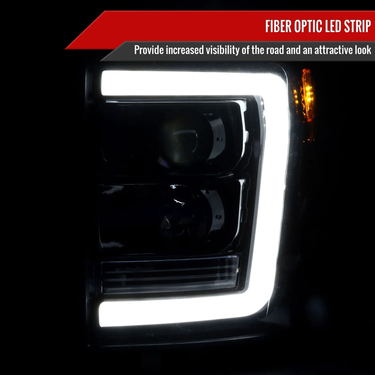 2011-2016 F-250/350/450/550 LED C-Bar Projector Headlights Jet Black/Clear - Image 2