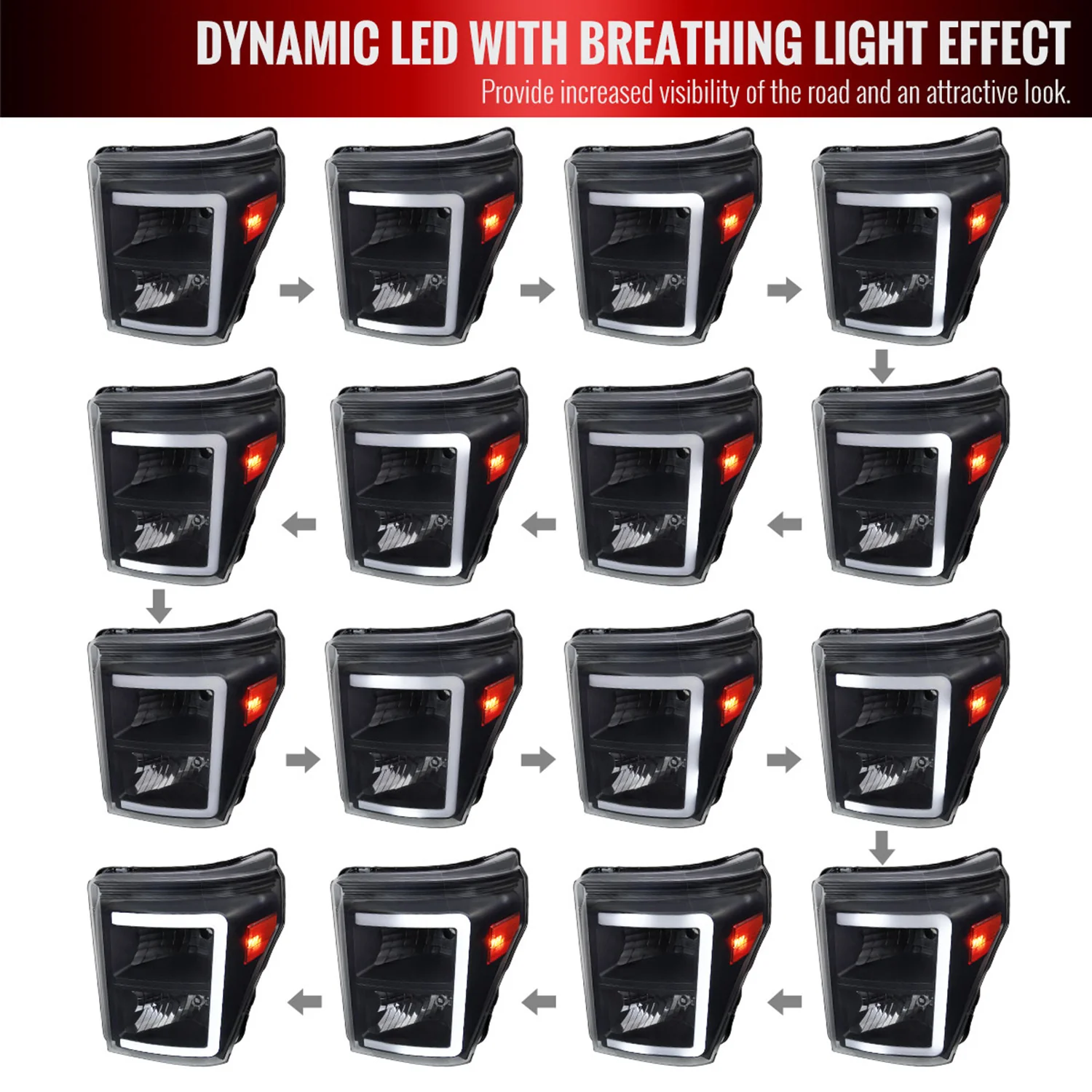 2011-2016 Ford F-250/350/450/550 Super Duty LED CBar Factory Headlights Black - Image 2