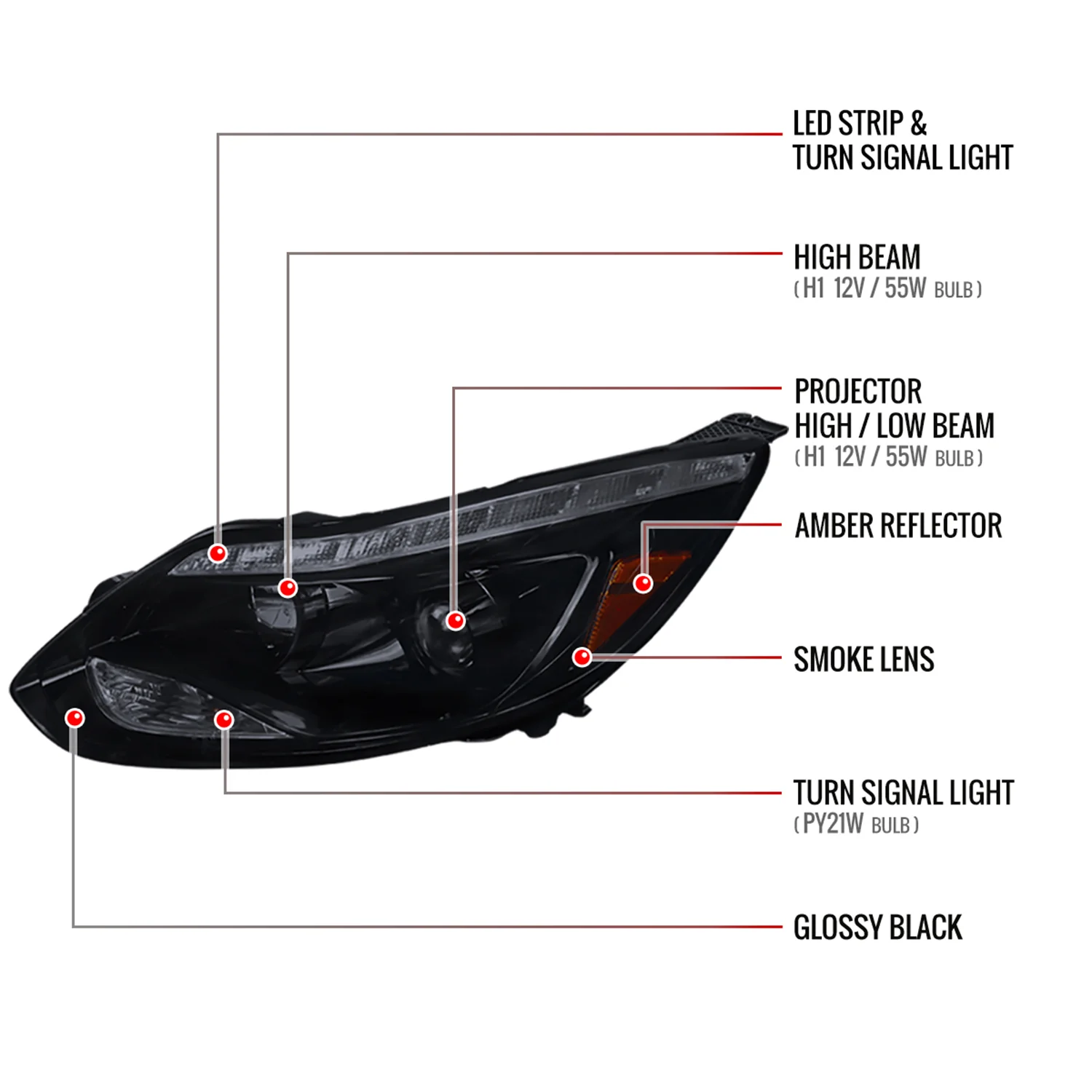2012-2014 Ford Focus Projector Headlights LED Light &Turn Signal Lights Black - Image 8