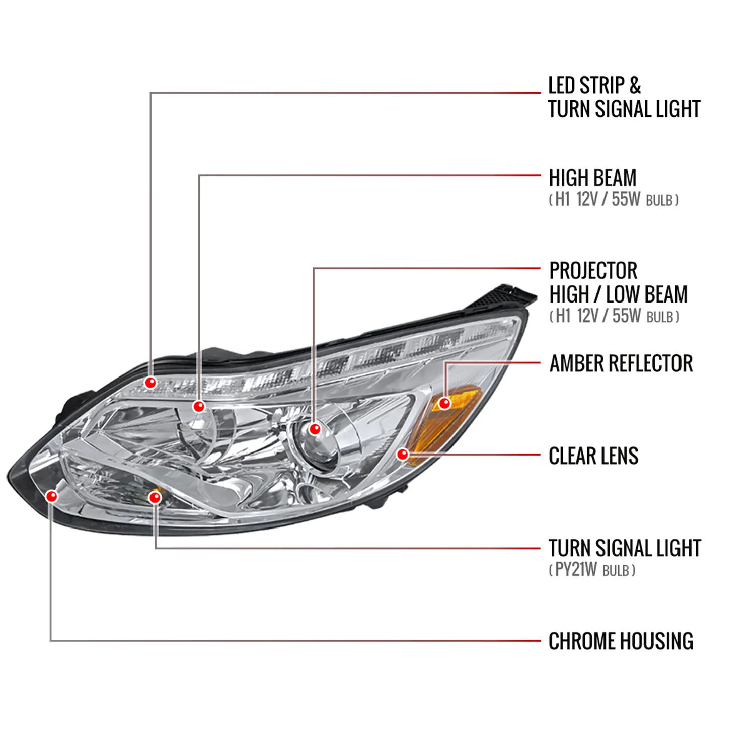 2012-2014 Ford Focus Projector Headlights LED Light &Turn Signal Lights Chrome - Image 8
