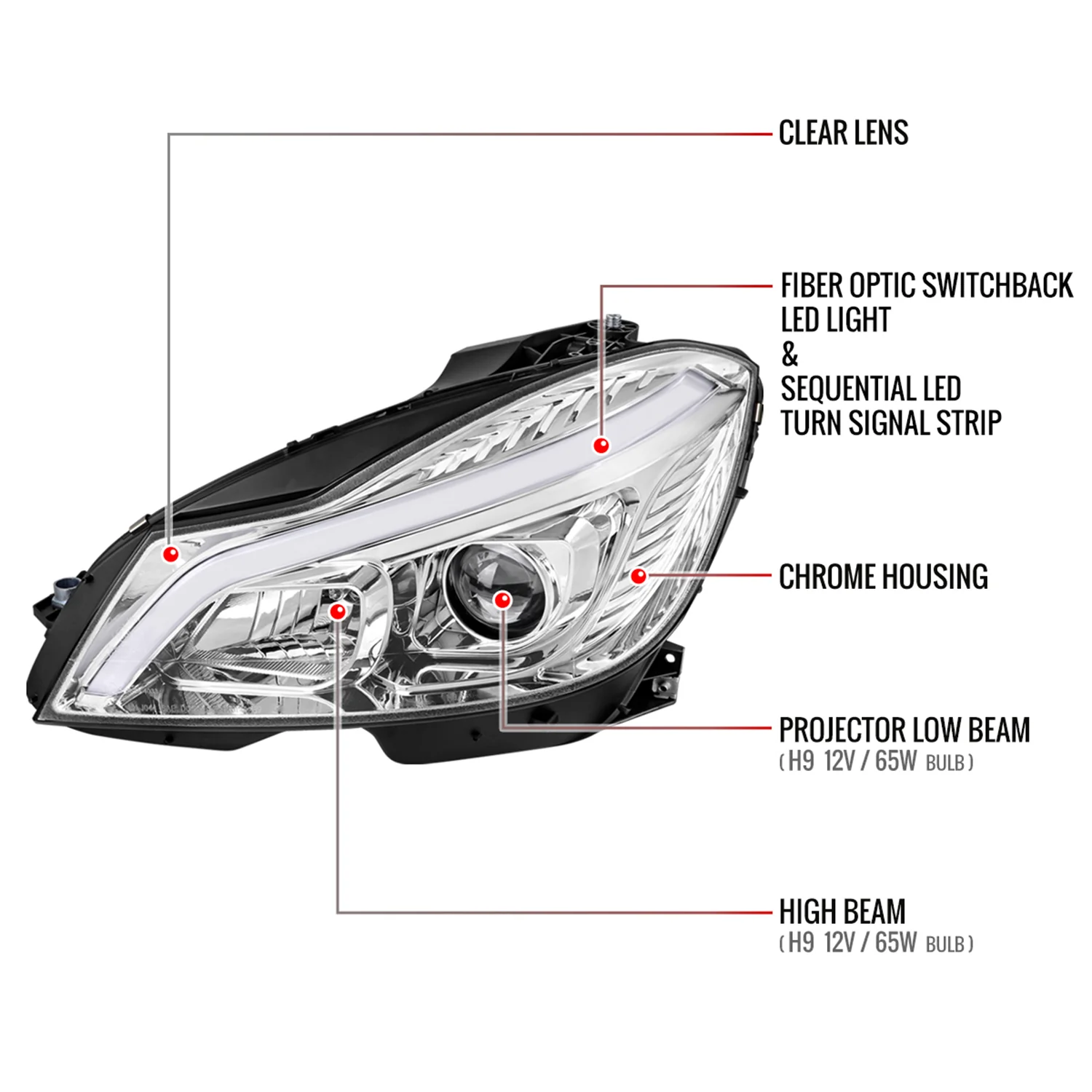 2012-2014 Mercedes-Benz W204 C-Class LED Bar Projector Headlights Chrome - Image 8